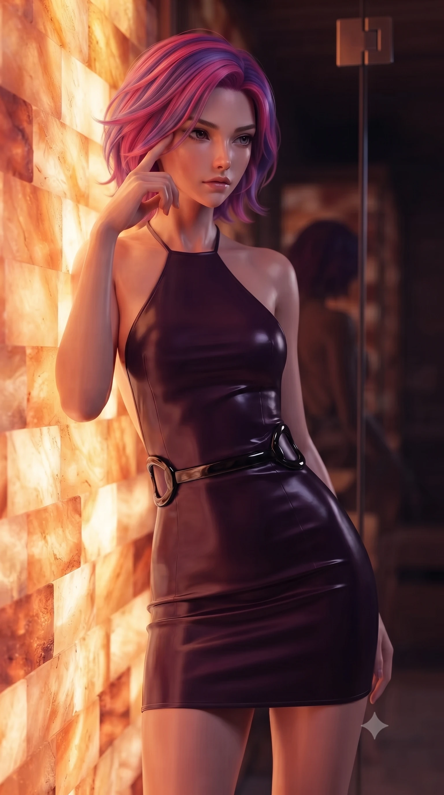 score_9, masterpiece, best quality, ultra-detailed, high-budget anime keyframe, editorial fashion photography, tasteful artistic composition, Caucasian woman. close-up cowboy shot from the waist and thighs up, the character dominates the composition, filling the frame with her large presence, background elements kept in soft focus. Pressing two fingers to her temple in a composed, sharp thoughtful gesture, leaning near a glowing amber Himalayan salt wall emitting a warm ethereal light, sleek glass reflections swallowing surrounding background into soft dark focus. She has an exceptionally elegant, slender, and willowy female figure with an ultra-slim waist, a gracefully sculpted slender torso, and a refined silhouette. sharp v-shaped jawline, high-bridge nose, intricate jewel-like eyes with depth, thick eyelashes, glossy lips with a natural sheen. wearing backless liquid vinyl mini slip dress with bare shoulder halter neckline in dark plum violet, made of polished black leather, accented with sculpted obsidian chrome rings at the waist, following her slender form with tailored precision. surrounded by a moody, intimate glow with sharp specular skin highlights. highly saturated vibrant anime colors, detailed shading with soft gradients, rich glossy textures, high-contrast stereoscopic depth, volumetric dynamic lighting, master piece, 9:16 ratio