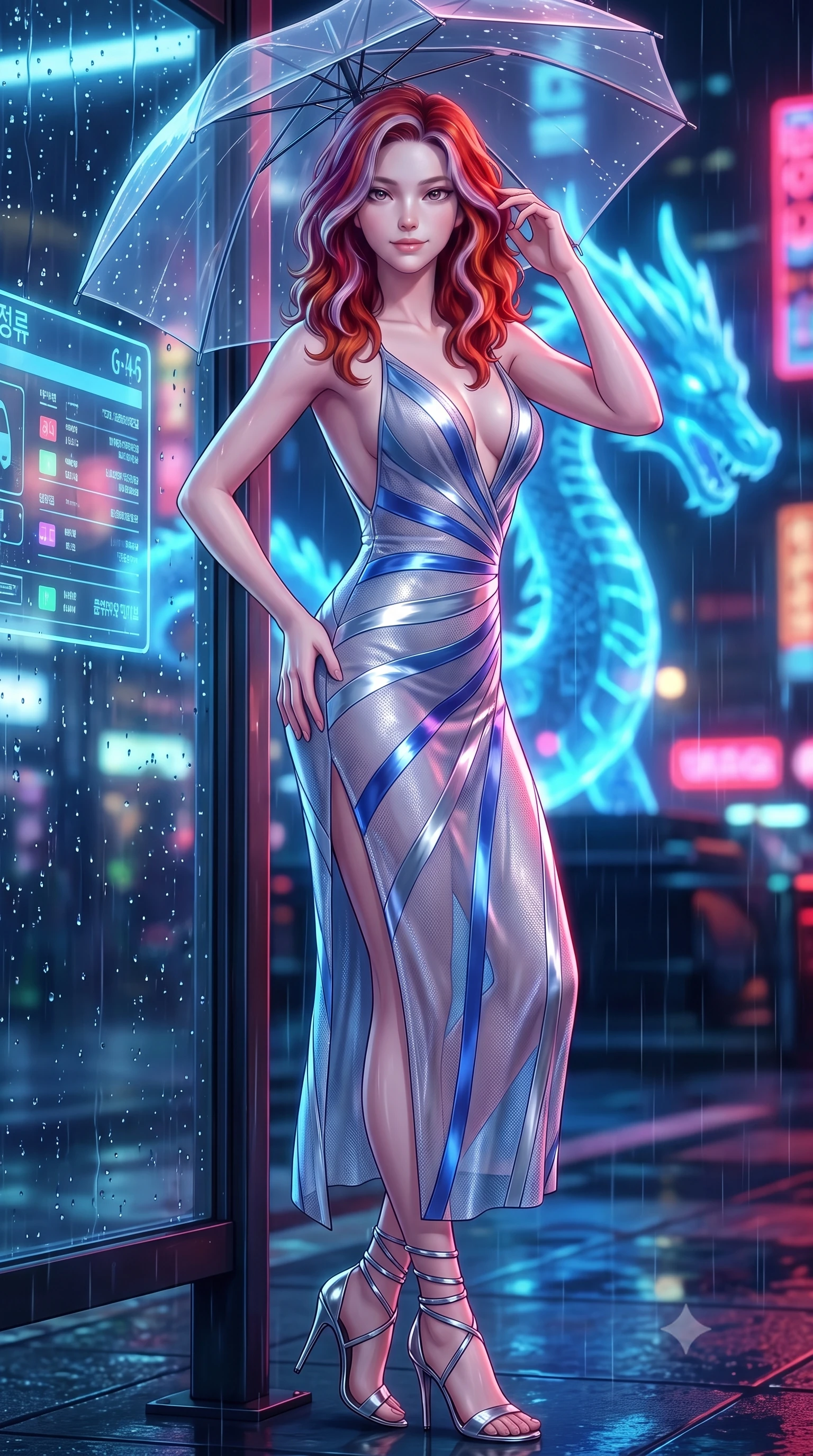 score_9, masterpiece, best quality, ultra-detailed, high-budget anime keyframe, semi-realistic 3D game render, editorial fashion photography, tasteful artistic composition, Caucasian woman. close-up cowboy shot from the waist and thighs up, the character dominates the composition, filling the frame with her large presence. twisting her slender torso in an alluring contrapposto stance, one hand resting on her sculpted hip while her fingers toy with her hair with effortless poise while leaning against the glowing smart-glass transit shelter with hips cocked back, gazing through transparent laser umbrella canopy with smoldering bedroom-eyes. The background shows a soft-focus fine mist of neon-lit rain droplets softened in Neo-Seoul cyberpunk plaza shallow focus. She has an exceptionally elegant, slender, and willowy female figure with an ultra-slim waist, flat toned midriff, narrow ribcage, and sculpted feminine hips creating an alluring, slim hourglass silhouette without bulk. sharp v-shaped jawline, high-bridge nose, intricate jewel-like sparkling eyes with depth, thick eyelashes, glossy parted lips with a natural peach sheen, bright cheerful beaming smile with an enchanting and coquettish sensual glint, exuding both youthful cute charm and seductive allure, flawlessly proportioned anatomical accuracy, strict slender model proportions, natural body alignment, perfectly sculpted long slender limbs, ultra-slim waistline, clean dynamic posture without body distortion. wearing a plunge-front sheer illusion tulle slip dress with liquid platinum ribbon stripes hugging her curves in Shackleton lunar ice silver and Earthrise cobalt, crafted from stretch micro-mesh with liquid foil coating that shimmers with every movement, complemented by strappy stiletto sandals with metallic ankle wraps accentuating her slender calves, the precision-cut side openings and low-back scoop framing her graceful spine and the sensual sweep of her slim, toned hips. bathed in the glowing azure radiance of the monumental holographic dragon mixed with neon street reflections. highly saturated vibrant anime colors, detailed shading with soft gradients, rich glossy textures, high-contrast stereoscopic depth, volumetric dynamic lighting, master piece, 9:16 ratio