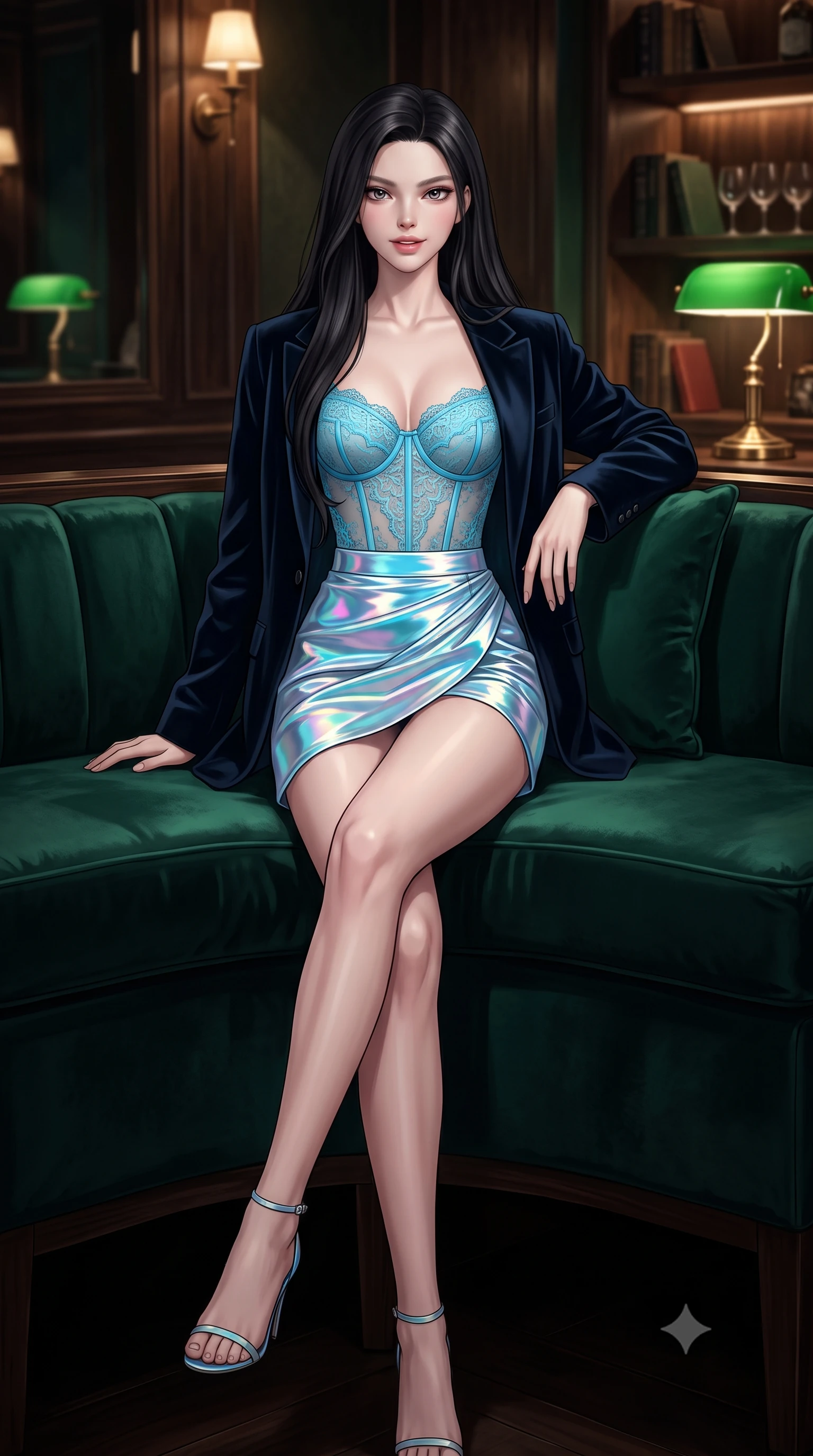 score_9, masterpiece, best quality, ultra-detailed, high-budget anime keyframe, semi-realistic 3D game render, editorial fashion photography, tasteful artistic composition, Korean woman. low angle full-body shot from head to toe showing her feet, filling the entire 9:16 vertical frame with her statuesque presence, stretching her vertical silhouette. stepping slowly toward the camera with hypnotic grace, hips swaying in an alluring sensual rhythm that accentuates her curvy hourglass silhouette and long slender legs while reclining gracefully across the deep emerald velvet curved banquette propped on one elbow, displaying her long slender limbs and statuesque hourglass silhouette. The surrounding environment is rendered in vivid detail and crisp panoramic clarity: detailed tailored liquid velvet smoking blazer unbuttoned over sheer noir mesh underwire bodysuit, and master joinery in razor-sharp precision. She has an exceptionally tall and slender model-like 8.5-heads proportion, an ultra-slim waist, a flat toned midriff, narrow delicate ribcage, and beautifully sculpted feminine hips creating a graceful, slim hourglass silhouette without any bulky heaviness, with impossibly long slender legs. sharp v-shaped jawline, high-bridge nose, intricate jewel-like sparkling eyes with depth, thick eyelashes, glossy parted lips with a natural peach sheen, bright cheerful beaming smile with an enchanting and coquettish sensual glint, exuding both youthful cute charm and seductive allure, flawlessly proportioned anatomical accuracy, strict slender model proportions, natural body alignment, perfectly sculpted long slender limbs, ultra-slim waistline, clean dynamic posture without body distortion. wearing a sculpted translucent bustier in azure-blue lace with sheer side panels paired with a draped gossamer mini skirt in Neo-Carthage holographic cyan and solar chrome, made of fluid liquid jersey with seamless sculpting hold and smooth contours, finished with scalloped eyelash lace trim framing her sweetheart neckline with intimate elegance, the form-contouring silhouette accentuating her sculpted flat midriff, narrow delicate ribcage, and gracefully curvy hips with intoxicating allure. bathed in the rich chiaroscuro 2400K incandescent warmth of green banker's lamps and concealed shelf downlights. highly saturated vibrant anime colors, detailed shading with soft gradients, rich glossy textures, high-contrast stereoscopic depth, volumetric dynamic lighting, master piece, 9:16 ratio