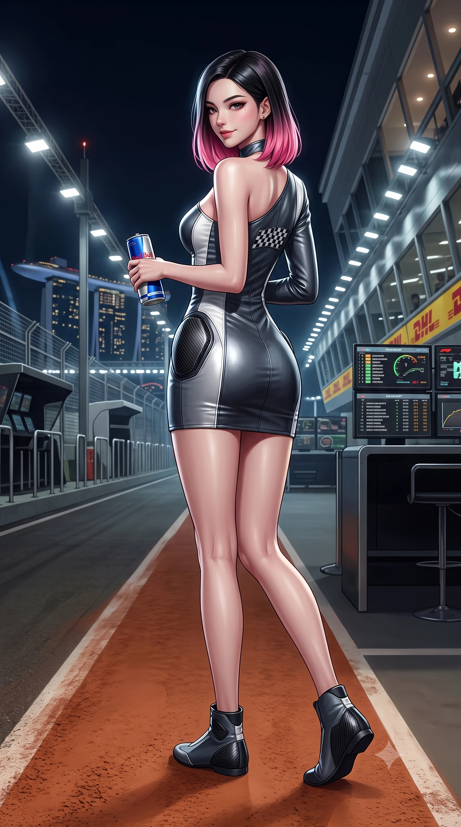 score_9, masterpiece, best quality, ultra-detailed, high-budget anime keyframe, semi-realistic 3D game render, editorial fashion photography, tasteful artistic composition, Korean woman. low angle full-body shot from head to toe showing her feet, filling the entire 9:16 vertical frame with her statuesque presence, stretching her vertical silhouette. walking slowly along the clay court baseline, looking back over her shoulder with an air of effortless grace and an alluring, smoldering smile while lounging in the private air-conditioned paddock suite with legs crossed, holding a chilled energy drink while flashing a dangerous, playful half-smile. The surrounding environment is rendered in vivid detail and crisp panoramic clarity: detailed racing leather sheen, floodlight specular highlights on skin, and Marina Bay night-circuit architecture in high resolution. She has an absolutely perfect, statuesque 8.5-heads proportion, an exceptionally tall and slender model-like female figure with impossibly long slender legs, an ultra-slim waist, a flat toned midriff, narrow delicate ribcage, and beautifully sculpted feminine hips creating a graceful, slim hourglass silhouette without any bulky heaviness. sharp v-shaped jawline, high-bridge nose, sparkling eyes with athletic focus and depth, thick curled eyelashes, glossy parted lips with a natural coral-peach sheen, bright confident and coquettish smile with alluring bedroom-eyes, exuding both youthful sporty vigor and sovereign high-society glamour, flawlessly proportioned anatomical accuracy, strict slender model proportions, natural body alignment, perfectly sculpted long slender limbs, ultra-slim waistline, clean dynamic posture without body distortion. wearing an asymmetric one-shoulder metallic racing mini dress with checkered flag embroidery hugging her narrow waist and hips in speedway charcoal slate and optic white accents, crafted from supple buttery lambskin racing leather with a satin sheen, accented with sleek aerodynamic carbon-fiber hip pads framing her narrow waist, the glove-like aerodynamic silhouette tightly following the natural contour of her hips and long slender legs with youthful 8.5-heads elegance. illuminated by telemetry screen bounce and sharp platinum rim lights carving her razor-sharp jawline, narrow waist, and curvy hips. highly saturated vibrant anime colors, detailed shading with soft gradients, rich glossy textures, high-contrast stereoscopic depth, volumetric dynamic lighting, master piece, 9:16 ratio