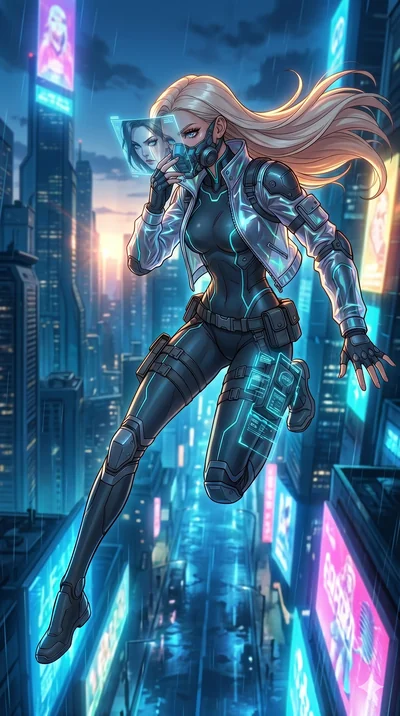 score_9, masterpiece, best quality, ultra-detailed, high-budget anime movie keyframe, cinematic anime lighting, intricate line art, Korean woman. Mid-air action shot capturing a graceful twist and vertical silhouette. adjusting a mechanical mask that