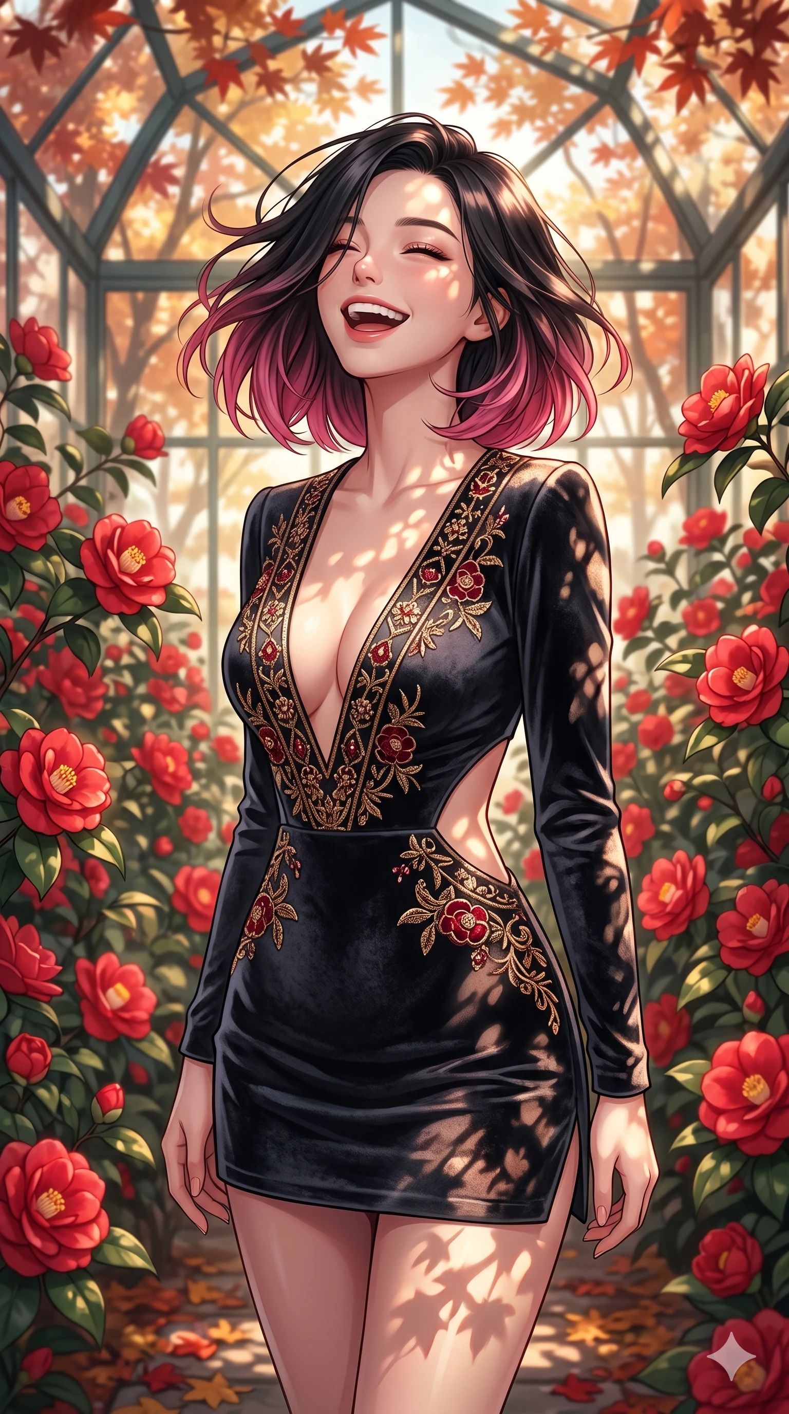 score_9, masterpiece, best quality, ultra-detailed, high-budget anime keyframe, vibrant anime aesthetic, Korean woman. cowboy shot from the thighs up, character and outfit filling the frame for maximum presence. She is tossing her head back with a joyful laugh, her lips curved into a warm winter smile inside a glass atrium filled with red camellias (Code-P21-085). She has an absolutely perfect 8-heads proportion, an exceptionally tall and slender female figure with impossibly long slender legs and an ultra-slim waist. V-shaped jawline, high-bridge nose, intricate jewel-like eyes with depth, thick eyelashes, glossy lips with a natural sheen. wearing a plunging neckline mini dress with side cutouts in winter velvet. She is bathed in dappled sunlight filtering through autumn maples, creating organic shadows. 2k, ultra detail, master piece, 9:16 ratio