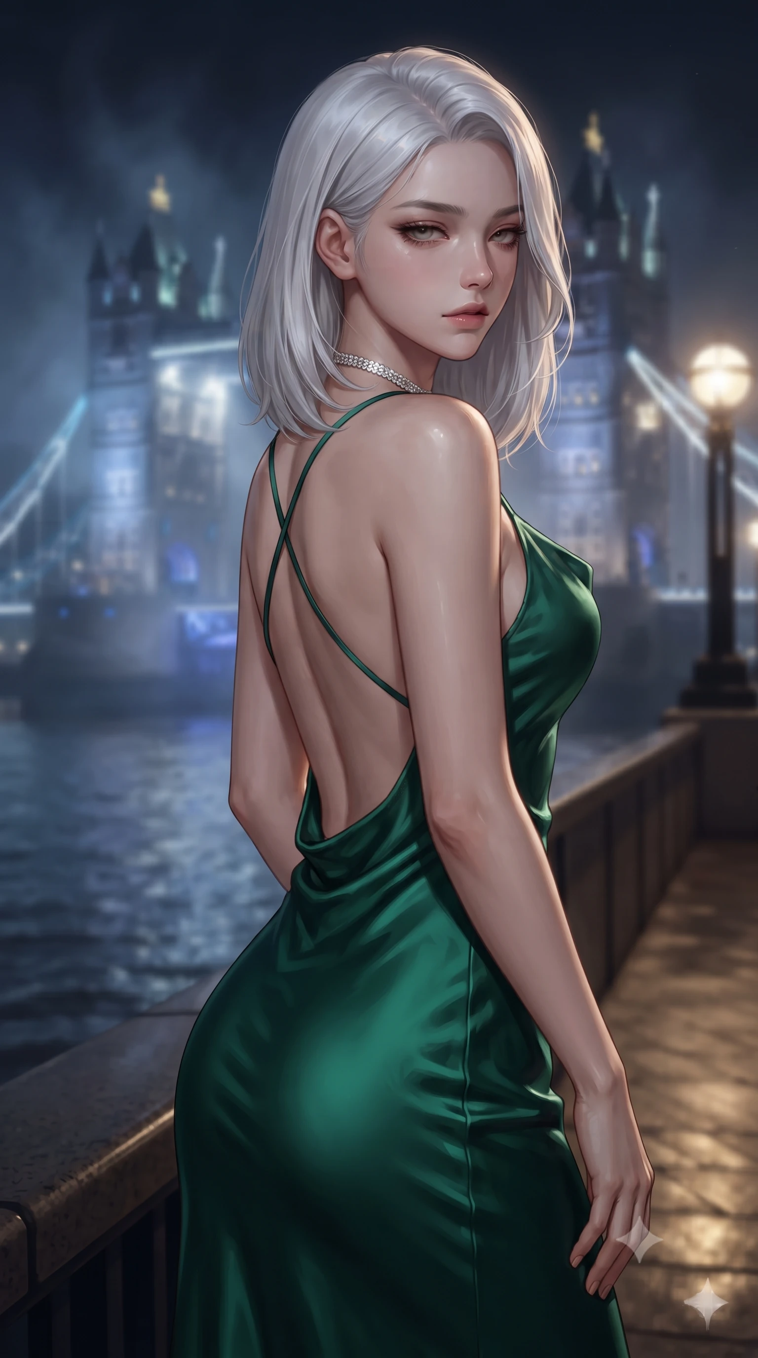 score_9, masterpiece, best quality, ultra-detailed, high-budget anime keyframe, editorial fashion photography, tasteful artistic composition, Korean woman. close-up cowboy shot from the waist and thighs up, the character dominates the composition, filling the frame with her large presence. posing in an alluring rear three-quarter angle, turning over a bare shoulder with an intoxicating, smoldering gaze, her hips cocked back to highlight her slim hourglass curve while posing beside the dark river waters with arms relaxed, casting a slow, direct gaze beneath heavy lashes with quiet, dangerous intensity. The composition keeps background elements in soft focus with dreamy creamy bokeh. the iconic gothic stone towers of Tower Bridge glowing in blue and gold through swirling night mist blurred into cobalt, topaz, and slate bokeh. She has an exceptionally elegant, slender, and willowy female figure with an ultra-slim waist, flat toned midriff, narrow ribcage, and sculpted feminine hips creating an alluring, slim hourglass silhouette without bulk. sharp v-shaped jawline, high-bridge nose, intricate jewel-like dark sparkling eyes with dangerous depth, thick curled eyelashes, glossy parted lips with a rich wine sheen, smoldering seductive half-smile with bedroom-eyes, exuding effortless superiority and intoxicating dark allure, flawlessly proportioned anatomical accuracy, strict slender model proportions, natural body alignment, perfectly sculpted long slender limbs, ultra-slim waistline, clean dynamic posture without body distortion. wearing a cowl-neck emerald green silk satin slip dress with criss-cross back straps and hip-accentuating drape in metallic liquid silver and pitch black, made of supple butter-soft lambskin leather with a subtle satin sheen, finished with a delicate diamond choker catching the chandelier light, the precision-cut side openings and low-back scoop framing her graceful spine and the sensual sweep of her slim, toned hips. bathed in cool ethereal cobalt bridge floodlights and warm golden promenade streetlights. ultra-reflective glossy finish, specular highlights, rich textural contrasts, high-contrast stereoscopic depth, volumetric dynamic lighting, 2k, ultra detail, master piece, 9:16 ratio