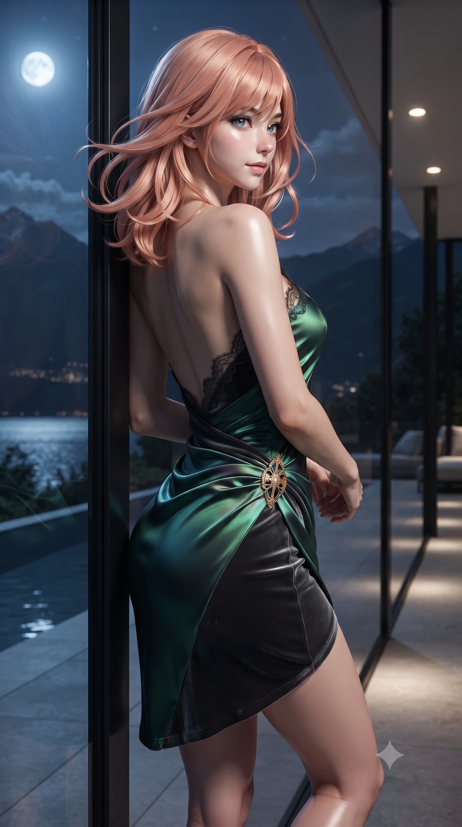 score_9, masterpiece, best quality, ultra-detailed, high-budget anime keyframe, editorial fashion photography, tasteful artistic composition, Japanese woman. close-up cowboy shot from the waist and thighs up, the character dominates the composition, filling the frame with her large presence. turning slowly with an enchanting smoldering smile, her glossy hair tossing in the breeze as her hips angle gracefully in a captivating contrapposto while leaning against the black structural glass wall with hips cocked back, looking over a bare shoulder toward the moonlit Italian Alps. The surrounding environment is rendered in vivid detail and crisp panoramic clarity: detailed backless halterneck column dress drape, dewy skin highlights, and Italian architectural minimalism in high resolution. She has an exceptionally elegant, slender, and willowy female figure with an ultra-slim waist, flat toned midriff, narrow ribcage, and sculpted feminine hips creating an alluring, slim hourglass silhouette without bulk. sharp v-shaped jawline, high-bridge nose, sparkling eyes with hypnotic seductive depth, thick curled eyelashes, glossy parted lips with a natural dewy peach sheen, alluring bedroom-eyes with an enchanting coquettish smile, exuding magnetic siren charisma and sophisticated glamour, flawlessly proportioned anatomical accuracy, strict slender model proportions, natural body alignment, perfectly sculpted long slender limbs, ultra-slim waistline, clean dynamic posture without body distortion. wearing a draped Greek-goddess style silk chiffon mini toga dress with an open back and golden hip fibula in iridescent emerald satin and dark charcoal velvet, woven from buttery-soft stretch lambskin leather adhering to her body like a second skin, finished with scalloped eyelash lace trim framing her sweetheart neckline with intimate elegance, the liquid-tight tailored fabric clinging flawlessly to her narrow waist and rounded feminine hips, emphasizing every millimeter of her sculpted slim hourglass curves without any bulky heaviness. bathed in cool moonlight reflecting from the lake surface mixed with warm recessed terrace lighting. ultra-reflective glossy finish, specular highlights, rich textural contrasts, high-contrast stereoscopic depth, volumetric dynamic lighting, 2k, ultra detail, master piece, 9:16 ratio