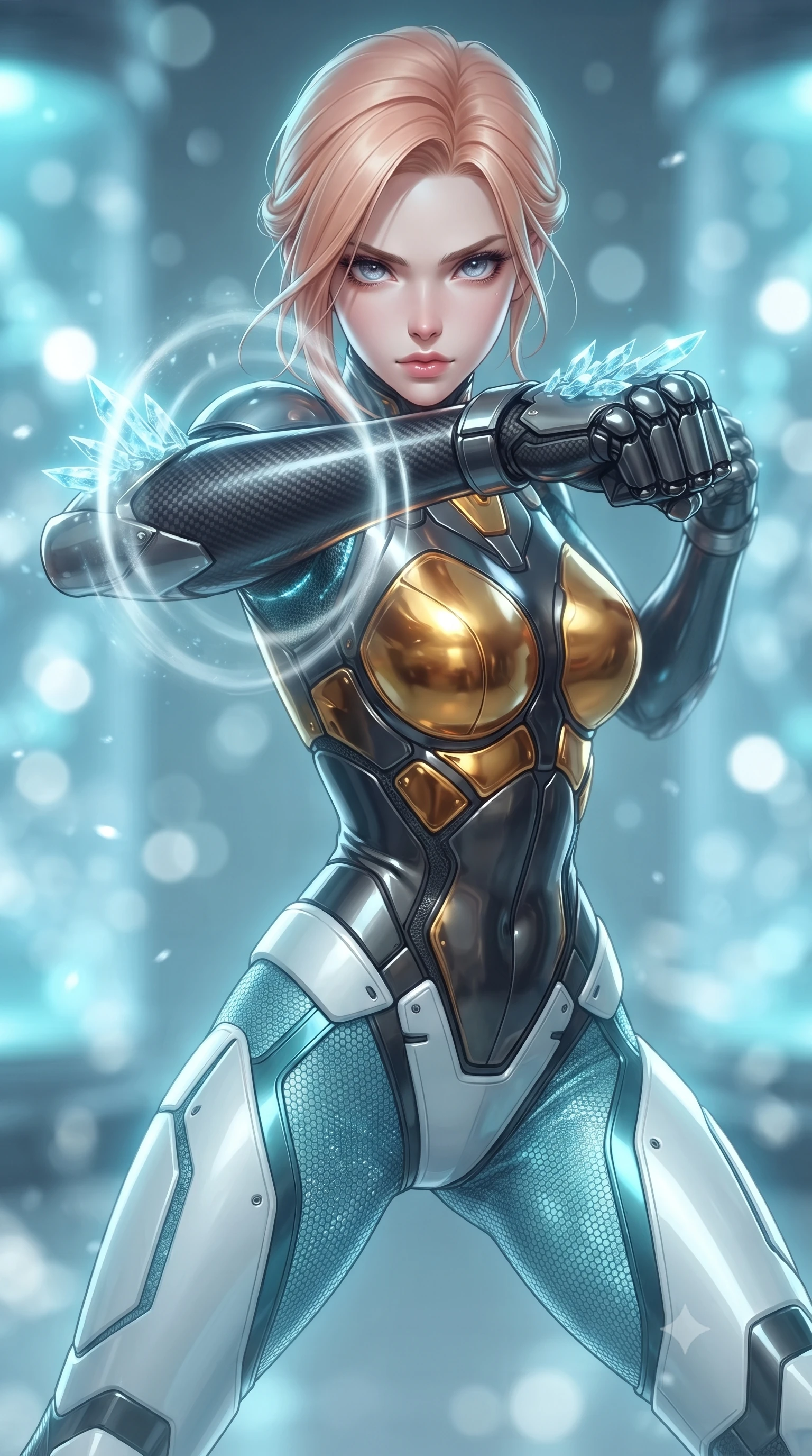 score_9, masterpiece, best quality, ultra-detailed, high-budget anime keyframe, editorial fashion photography, tasteful artistic composition, Japanese woman. close-up cowboy shot from the waist and thighs up, the character dominates the composition, filling the frame with her large presence. thrusting a high-speed kinetic punch toward the camera, a visible conical shockwave distortion wrapping around her sleek carbon forearm while arching her spine in a fluid martial stretch as sub-zero energy crystals form along her carbon knuckle guards. The composition keeps background elements in soft focus with creamy bokeh. drifting cryogenic frost vapor and frozen glass pods blurred into radiant cyan, silver, and pale blue bokeh. She has an exceptionally elegant, slender, and willowy female figure with an ultra-slim waist, a gracefully sculpted slender torso, toned flat midriff, and a refined slim silhouette. sharp v-shaped jawline, high-bridge nose, intricate jewel-like eyes with depth, thick eyelashes, glossy lips with a natural sheen, flawlessly proportioned anatomical accuracy, strict slender model proportions, natural body alignment, perfectly sculpted long slender limbs, ultra-slim waistline, clean dynamic posture without body distortion. wearing a sculpted molten-gold and dark carbon cuirass paired with high-mobility combat leggings and kinetic energy channels in glacial ice-cyan carbon mesh with pure white armor plates, made of liquid carbon-jersey fabric adhering flawlessly to her sculpted silhouette, finished with high-mobility flexible limb seams and miniature magnetic armor locks, the liquid-tight tailored fabric emphasizing every curve of her tall, slender model proportions and sculptured silhouette during dynamic movement. bathed in glowing cyan cryogenic stasis radiance and cool white emergency strobe lighting. ultra-reflective glossy finish, specular highlights, dark metallic sheen, high-contrast stereoscopic depth, volumetric dynamic lighting, 2k, ultra detail, master piece, 9:16 ratio