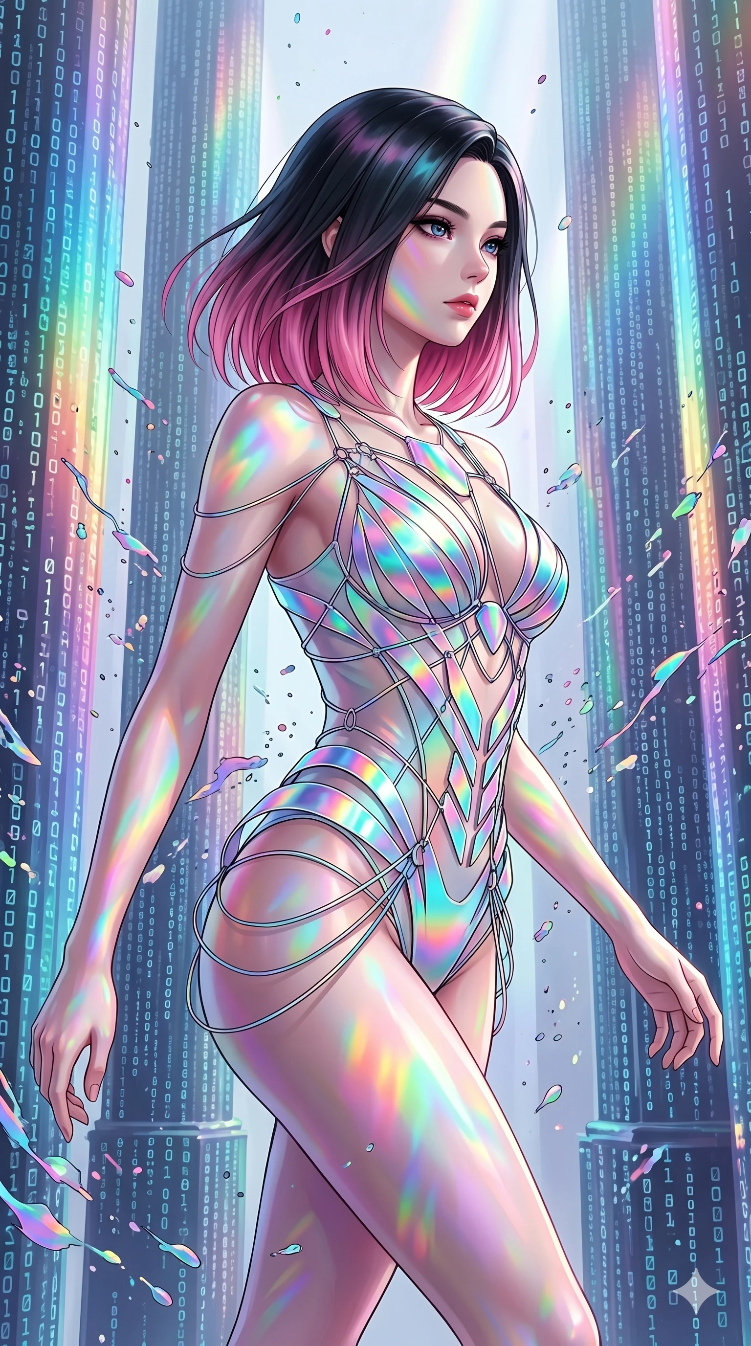 score_9, masterpiece, best quality, ultra-detailed, high-budget anime keyframe, editorial fashion photography, tasteful artistic composition, Korean woman. upper body close-up from the thighs up, character filling the screen for maximum presence. gliding through through a digital cathedral with towering pillars made of cascading cyber-code while iridescent paint splatters suspend in mid-air around her. She has an absolutely perfect 8-heads proportion, an exceptionally tall and slender female figure with impossibly long slender legs and an ultra-slim waist. V-shaped jawline, high-bridge nose, intricate jewel-like eyes with depth, thick eyelashes, glossy lips with a natural sheen.. wearing a holographic ribbon shell armor, featuring thin iridescent plates linked by wire straps over a sleek contouring base. illuminated by an ethereal prismatic light source that casts rainbow patterns on her skin and clothing. 2k, ultra detail, master piece, 9:16 ratio
