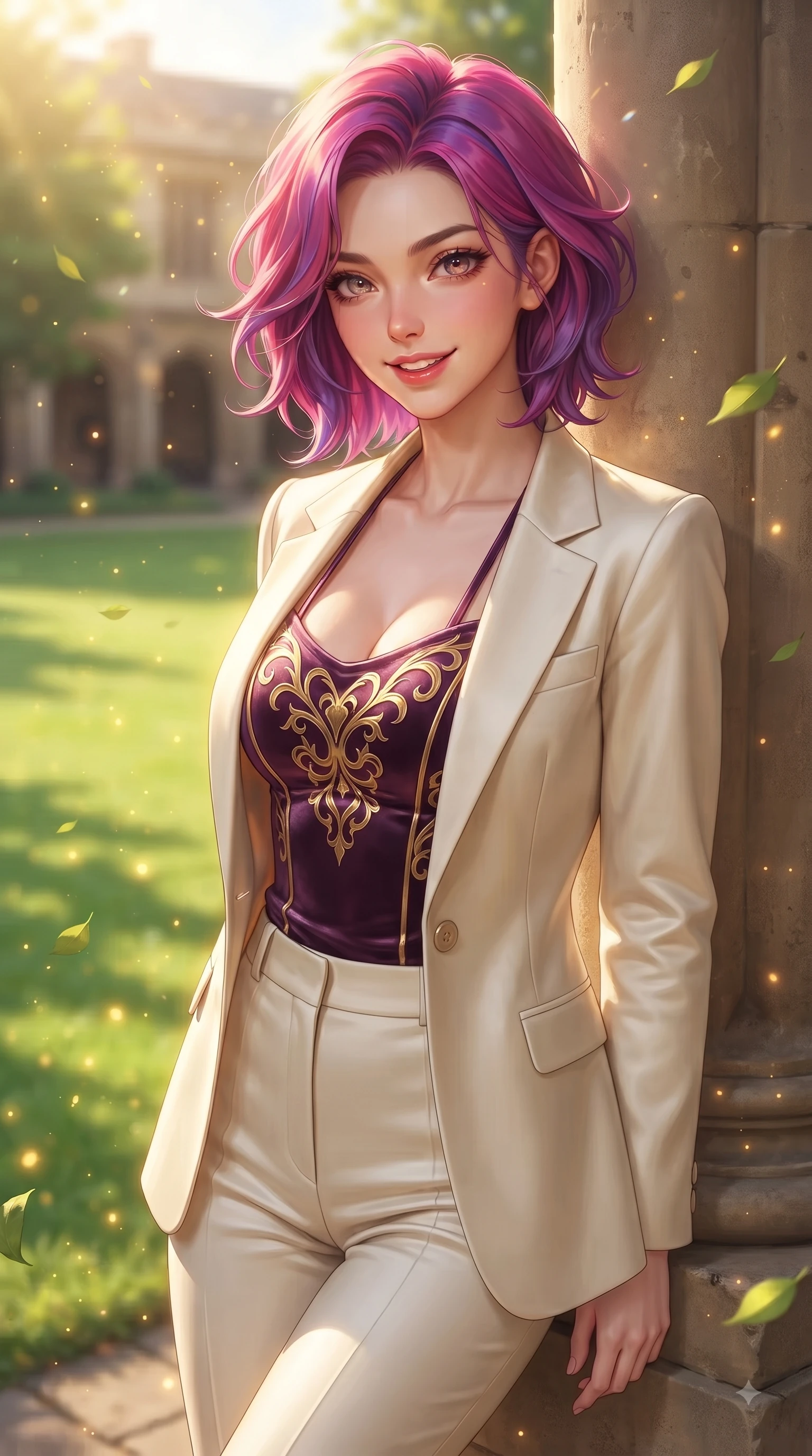 score_9, masterpiece, best quality, ultra-detailed, high-budget anime keyframe, editorial fashion photography, tasteful artistic composition, Caucasian woman. close-up cowboy shot from the waist and thighs up, the character dominates the composition, filling the frame with her large presence, background elements kept in soft focus. Playful cute expression with a warm smile and parted lips, looking right into the camera with vibrant energy while leaning against an antique stone pillar in a sunlit university quadrangle with sparkling eyes, lush green quad lawn scattered with golden sunlight motes and fluttering leaves. She has an exceptionally elegant, slender, and willowy female figure with an ultra-slim waist, a gracefully sculpted slender torso, and a refined silhouette. sharp v-shaped jawline, high-bridge nose, intricate jewel-like eyes with depth, thick eyelashes, glossy lips with a natural sheen, flawlessly proportioned anatomical accuracy, natural body alignment, perfectly sculpted elegant limbs, clean dynamic posture without body distortion. wearing a tailored cream silk blazer over a form-contouring scoop-neck top and slacks in plum purple and gold filigree, made of premium stretch velvet with a rich sheen, complemented by criss-cross back straps highlighting her bare shoulders, the tailored fabric tightly following every curve of her athletic build. illuminated by warm golden sunbursts and bright clear sky refractions. ultra-reflective glossy finish, specular highlights, metallic sheen, high-contrast stereoscopic depth, volumetric dynamic lighting, 2k, ultra detail, master piece, 9:16 ratio