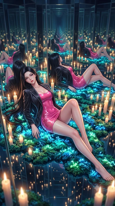 score_9, masterpiece, best quality, ultra-detailed, High-budget Anime Keyframe, East Asian woman. Dynamic full-body shot stretching the vertical silhouette to the limit. Scenario 462: lying gracefully on a bed of bioluminescent moss inside a hall of 