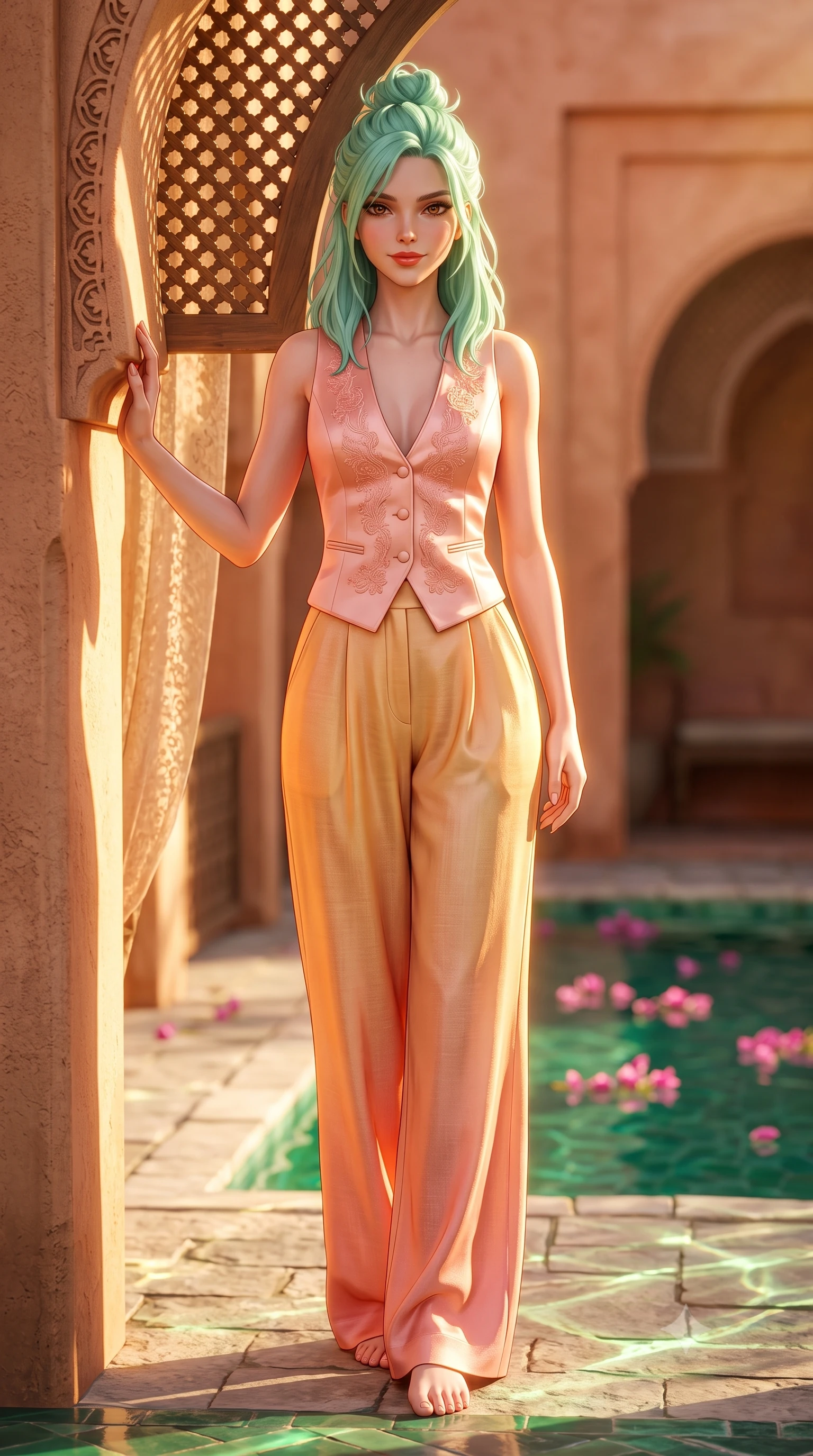 score_9, masterpiece, best quality, ultra-detailed, high-budget anime keyframe, semi-realistic 3D game render, editorial fashion photography, tasteful artistic composition, Japanese woman. low angle full-body shot from head to toe showing her feet, filling the entire 9:16 vertical frame with her statuesque presence, stretching her vertical silhouette. leaning deep against the sunlit villa archway with hips cocked back in a cute yet unapologetically alluring high-fashion stance, flashing a warm beaming smile while leaning against an intricately carved stucco keyhole archway with hips cocked back, casting a captivating, smoldering bedroom-gaze. The composition keeps background elements in soft focus with dreamy creamy bokeh. floating pink bougainvillea petals on the emerald plunge pool surface softened in intimate riad shallow focus. She has an exceptionally tall and slender model-like 8.5-heads proportion, an ultra-slim waist, a flat toned midriff, narrow delicate ribcage, and beautifully sculpted feminine hips creating a graceful, slim hourglass silhouette without any bulky heaviness, with impossibly long slender legs. sharp v-shaped jawline, high-bridge nose, sparkling amber-hazel eyes with depth, long lush eyelashes, glossy sun-kissed lips with a warm coral glaze, radiant teasing smile with sensual sunlit bedroom-eyes, exuding effortless old-money elegance and intoxicating sun-drenched allure, flawlessly proportioned anatomical accuracy, strict slender model proportions, natural body alignment, perfectly sculpted long slender limbs, ultra-slim waistline, clean dynamic posture without body distortion. wearing a tailored satin resort vest worn closed against bare skin with high-waisted silk palazzo pants cinched at her narrow waist in soft peach blossom pink and warm apricot gold, crafted from fine lightweight breathable linen with an effortless natural drape, featuring elegant flutter sleeves and a graceful square neckline, the high-waisted tailoring accentuating her ultra-slim waistline and the enchanting curve of her feminine hips with alluring sunlit charm. illuminated by emerald pool water caustic reflections and golden sunset rim light carving her razor-sharp jawline, narrow waist, and curvy hips. highly saturated vibrant anime colors, detailed shading with soft gradients, rich glossy textures, high-contrast stereoscopic depth, volumetric dynamic lighting, master piece, 9:16 ratio