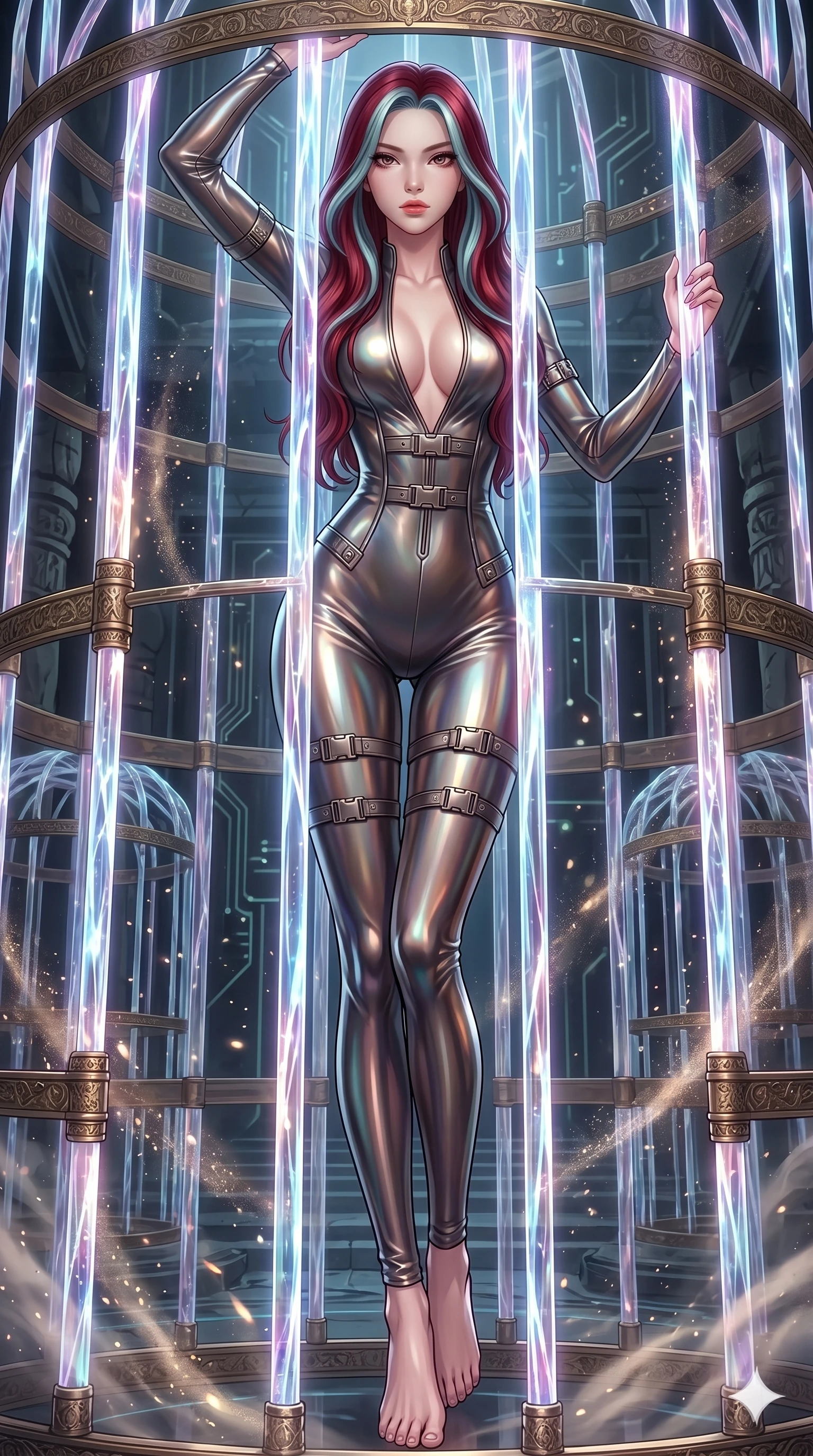 score_9, masterpiece, best quality, ultra-detailed, High-budget Anime Keyframe, East Asian woman. Dynamic full-body shot stretching the vertical silhouette to the limit. Scenario 232: Trapped in a cage of glowing crystalline fibers, body pressing against the bars. Her presence is magnetic and overpowering in this high-budget anime scene. Outfit 232: A molten liquid silk second with a plunging V-neckline and metallic buckles. The clothing is designed to emphasize her exceptionally tall and slender 8-heads proportion. 8-heads proportion, towering silhouette, ultra-slim waist. sharp v-shaped jawline, intricate jewel-like eyes with depth, thick eyelashes, glossy lips. 2k, ultra detail, master piece, 9:16 ratio