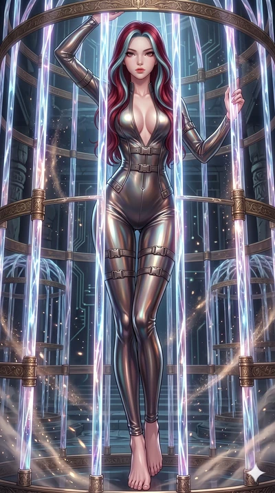 score_9, masterpiece, best quality, ultra-detailed, High-budget Anime Keyframe, East Asian woman. Dynamic full-body shot stretching the vertical silhouette to the limit. Scenario 232: Trapped in a cage of glowing crystalline fibers, body pressing aga