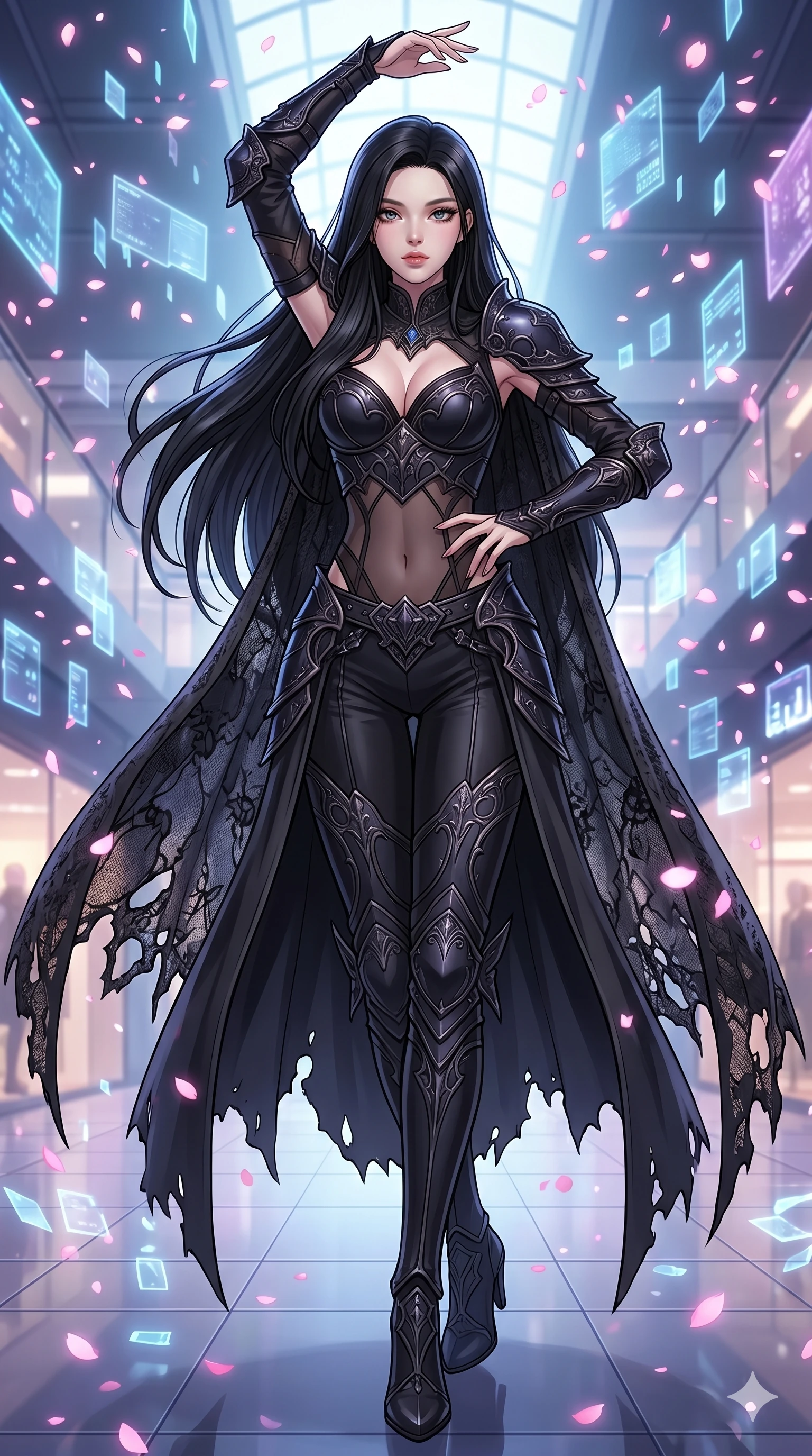 score_9, masterpiece, best quality, ultra-detailed, high-budget anime movie keyframe, cinematic anime lighting, intricate line art, Korean woman. Dynamic full-body shot stretching the vertical silhouette across the 9:16 frame. dancing with data-shards in a holographic shopping mall with digital sakura petals. She has an absolutely perfect 8-heads proportion, an exceptionally tall and slender female figure with an ultra-slim waist and impossibly long slender legs. sharp v-shaped jawline, high-bridge nose, intricate jewel-like eyes, thick eyelashes, glossy lips. Wearing dark fantasy gothic leather armor with ornate obsidian plates, a tattered lace cape, and sheer mesh cut-outs at the midriff, exuding a mysterious allure. The scene is illuminated by dramatic atmospheric lighting and vibrant color palettes. , 2k, ultra detail, master piece, 9:16 ratio