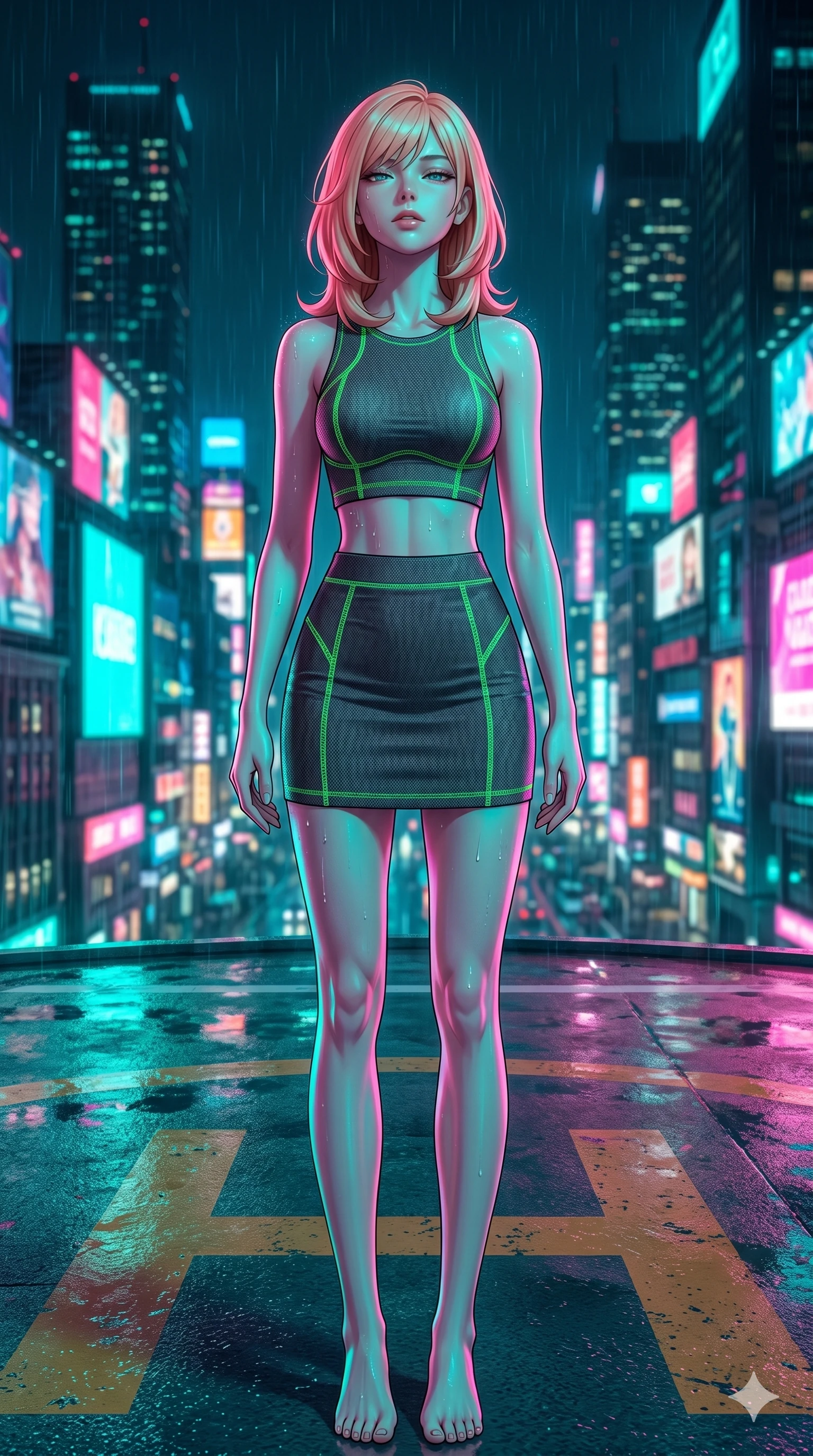 score_9, masterpiece, best quality, ultra-detailed, high-budget anime keyframe, editorial fashion photography, tasteful artistic composition, Japanese woman. cowboy shot from the thighs up, character and outfit filling the frame for maximum editorial presence. Arching her neck slightly with her eyes half-closed in composure atop a high-rise helipad overlooking a rainy cyber-city illuminated by giant video billboards. She has an absolutely perfect 8-heads proportion, an exceptionally tall and slender female figure with impossibly long slender legs and an ultra-slim waist. V-shaped jawline, high-bridge nose, intricate jewel-like eyes with depth, thick eyelashes, glossy lips with a natural sheen. wearing a fitted crop top and matching mini skirt in charcoal grey tech-knit, featuring glowing neon-green flatlock stitching along all seams. under intense neon teal and magenta split-lighting creating vivid chromatic contrast on her figure. 2k, ultra detail, master piece, 9:16 ratio