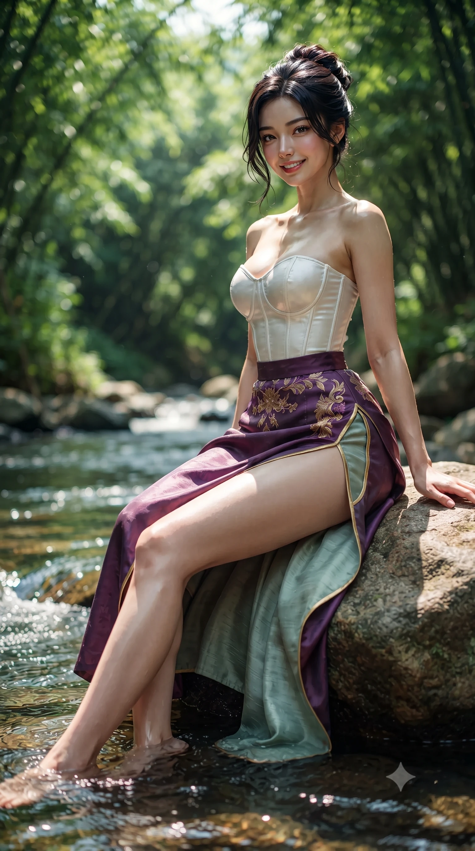 score_9, masterpiece, best quality, ultra-detailed, high-budget anime keyframe, editorial fashion photography, tasteful artistic composition, Japanese woman. close-up cowboy shot from the waist and thighs up, the character dominates the composition, filling the frame with her large presence. turning slowly with a smoldering smile, her glossy dark hair tossing in the evening breeze as her hips angle gracefully in a captivating contrapposto while sitting poised on a sun-warmed river boulder with legs dipping in the cool water, her modern fusion hanbok trailing lightly over the stream. The background shows a soft-focus soaring Damyang green bamboo canopies filtering dappled sunlight and rippling stream currents blurred into emerald, mint, and liquid gold bokeh. She has an exceptionally elegant, slender, and willowy female figure with an ultra-slim waist, flat toned midriff, narrow ribcage, and sculpted feminine hips creating an alluring, slim hourglass silhouette without bulk. sharp v-shaped jawline, high-bridge nose, intricate jewel-like dark sparkling almond eyes with depth, thick lashes, glossy parted lips with a natural rose-plum sheen, bright alluring and coquettish smile with bedroom-eyes, exuding both timeless oriental elegance and sovereign high-fashion allure, flawlessly proportioned anatomical accuracy, strict slender model proportions, natural body alignment, perfectly sculpted long slender limbs, ultra-slim waistline, clean dynamic posture without body distortion. wearing a tailored white porcelain-inspired structured corset top paired with an asymmetric flowing silk maxi skirt with a high slit in rich plum violet and gilded bronze embroidery, tailored from smooth celadon raw silk with natural organic slub texture, finished with sharp laser-cut side hip slits framed by gold piping, the glove-like silhouette tightly following the natural contour of her hips and long slender legs with youthful 8.5-heads elegance. illuminated by sparkling stream water caustics and sharp platinum rim lights defining her sculpted collarbones, ultra-slim waist, and curvy hips. ultra-reflective glossy finish, specular highlights, rich textural contrasts, high-contrast stereoscopic depth, volumetric dynamic lighting, 2k, ultra detail, master piece, 9:16 ratio