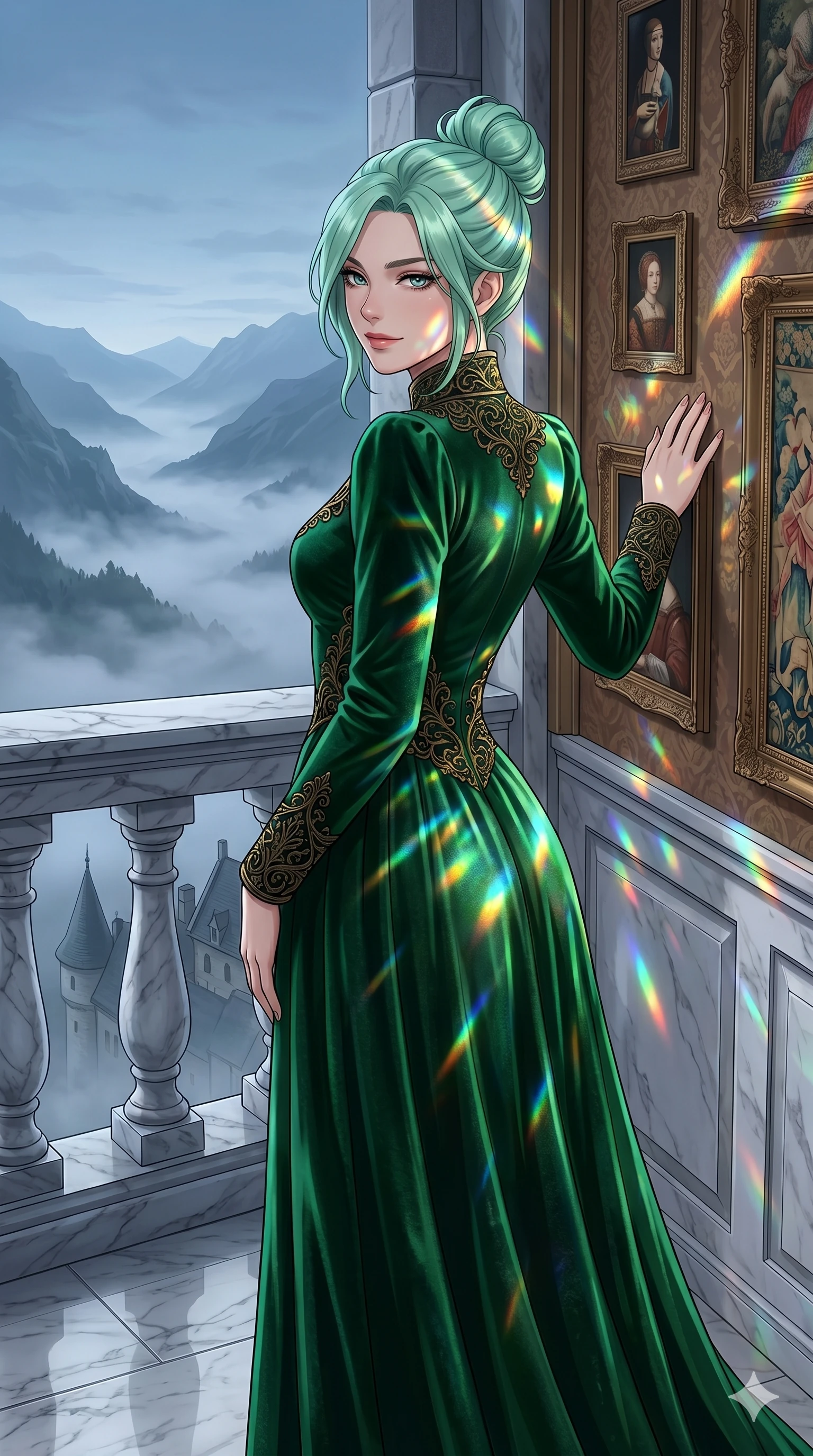 score_9, masterpiece, best quality, ultra-detailed, high-budget anime keyframe, editorial fashion photography, tasteful artistic composition, Japanese woman. cowboy shot from the thighs up, character and outfit filling the frame for maximum editorial presence. leaning against a gallery wall, looking over her shoulder with a smoldering half-smile standing on a marble balcony of a castle overlooking a misty valley (Code-P17-029). She has an absolutely perfect 8-heads proportion, an exceptionally tall and slender female figure with impossibly long slender legs and an ultra-slim waist. V-shaped jawline, high-bridge nose, intricate jewel-like eyes with depth, thick eyelashes, glossy lips with a natural sheen. wearing a long-sleeved high-neck velvet gown with neat tailored stitching. cascading rainbow prismatic light refracting through the ice, painting patterns on her body. 2k, ultra detail, master piece, 9:16 ratio