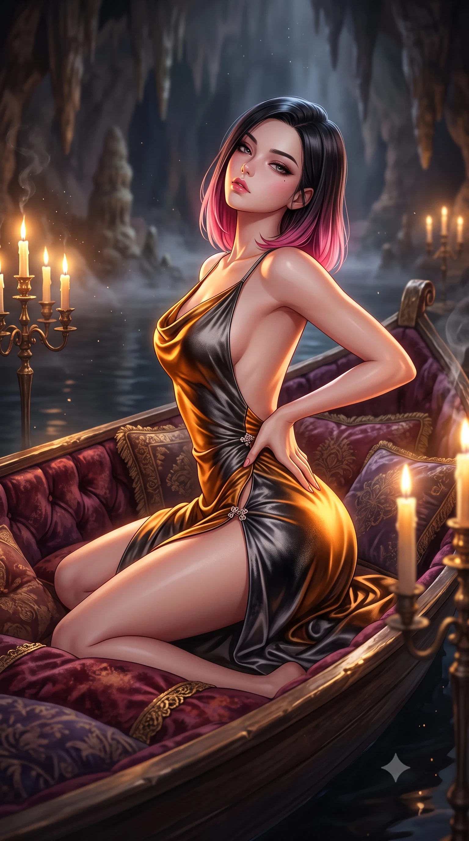 score_9, masterpiece, best quality, ultra-detailed, high-budget anime keyframe, semi-realistic 3D game render, editorial fashion photography, tasteful artistic composition, Korean woman. close-up cowboy shot from the waist and thighs up, the character dominates the composition, filling the frame with her large presence. tilting her chin up with proud, sovereign allure while gazing through thick eyelashes, one hand resting on her waist in pure supermodel charisma while reclining languidly on an antique velvet-lined skiff floating on the subterranean black lake, arching her spine with one knee bent as candlelight traces her curvy hips. The composition keeps background elements in soft focus with creamy bokeh. drifting cavern mist and candelabra wax smoke catching glowing amber light motes. She has an exceptionally elegant, slender, and willowy female figure with an ultra-slim waist, flat toned midriff, narrow ribcage, and sculpted feminine hips creating an alluring, slim hourglass silhouette without bulk. sharp v-shaped jawline, high-bridge nose, intricate jewel-like eyes with depth, thick eyelashes, glossy parted lips with a natural sheen, intensely captivating and seductive bedroom-eyes expression, flawlessly proportioned anatomical accuracy, strict slender model proportions, natural body alignment, perfectly sculpted long slender limbs, ultra-slim waistline, clean dynamic posture without body distortion. wearing a backless cowl-neck satin slip dress featuring high-cut side hip slits and delicate criss-cross back straps in molten amber-gold and dark gunmetal, crafted from heavyweight crushed silk velvet with liquid vintage luster, finished with an ultra-high side slit secured by miniature jeweled clasps, the dramatically scooped open back descending to the base of her spine, accentuating her razor-sharp statuesque lines and slim hourglass silhouette. surrounded by an immortal, seductive, and dangerously mesmerizing underground opera queen aura. highly saturated vibrant anime colors, detailed shading with soft gradients, rich glossy textures, high-contrast stereoscopic depth, volumetric dynamic lighting, master piece, 9:16 ratio