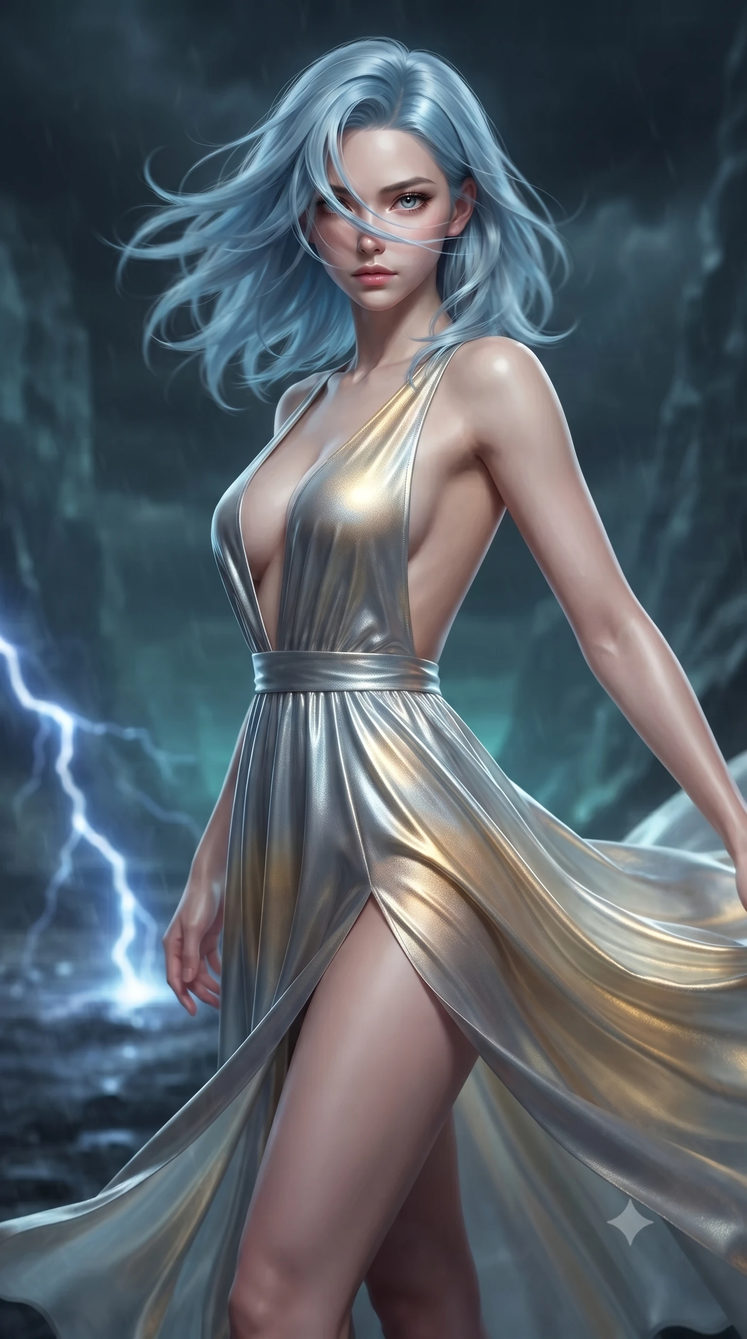 score_9, masterpiece, best quality, ultra-detailed, high-budget anime keyframe, editorial fashion photography, tasteful artistic composition, realistic cosplay photography, Korean woman. close-up cowboy shot from the waist and thighs up, the character dominates the composition, filling the frame with her large presence, background elements kept in soft focus. Executing a sudden, fast pivot to face the camera, her hair whipping violently across her face. set against a soft-focus background of translucent glass cliffs during a violent thunderstorm, arcs of blue lightning striking the ground and leaving white-hot scars. She has an exceptionally elegant and slender, willowy female figure with an ultra-slim waist, a gracefully sculpted slender torso, and a refined slim physique. sharp v-shaped jawline, high-bridge nose, intricate jewel-like eyes with depth, thick eyelashes, glossy lips with a natural sheen. wearing the lightweight fabric rippling and billowing dramatically with her movement, a slim-fit deep plunging-V neck maxi dress in a liquid silver and gold gradient, featuring a bold open-back and a daring high slit. soft aqua bioluminescent light making her skin luminously glow against darkness. ultra-reflective glossy finish, specular highlights, metallic sheen, high-contrast stereoscopic depth, volumetric dynamic lighting, 2k, ultra detail, master piece, 9:16 ratio