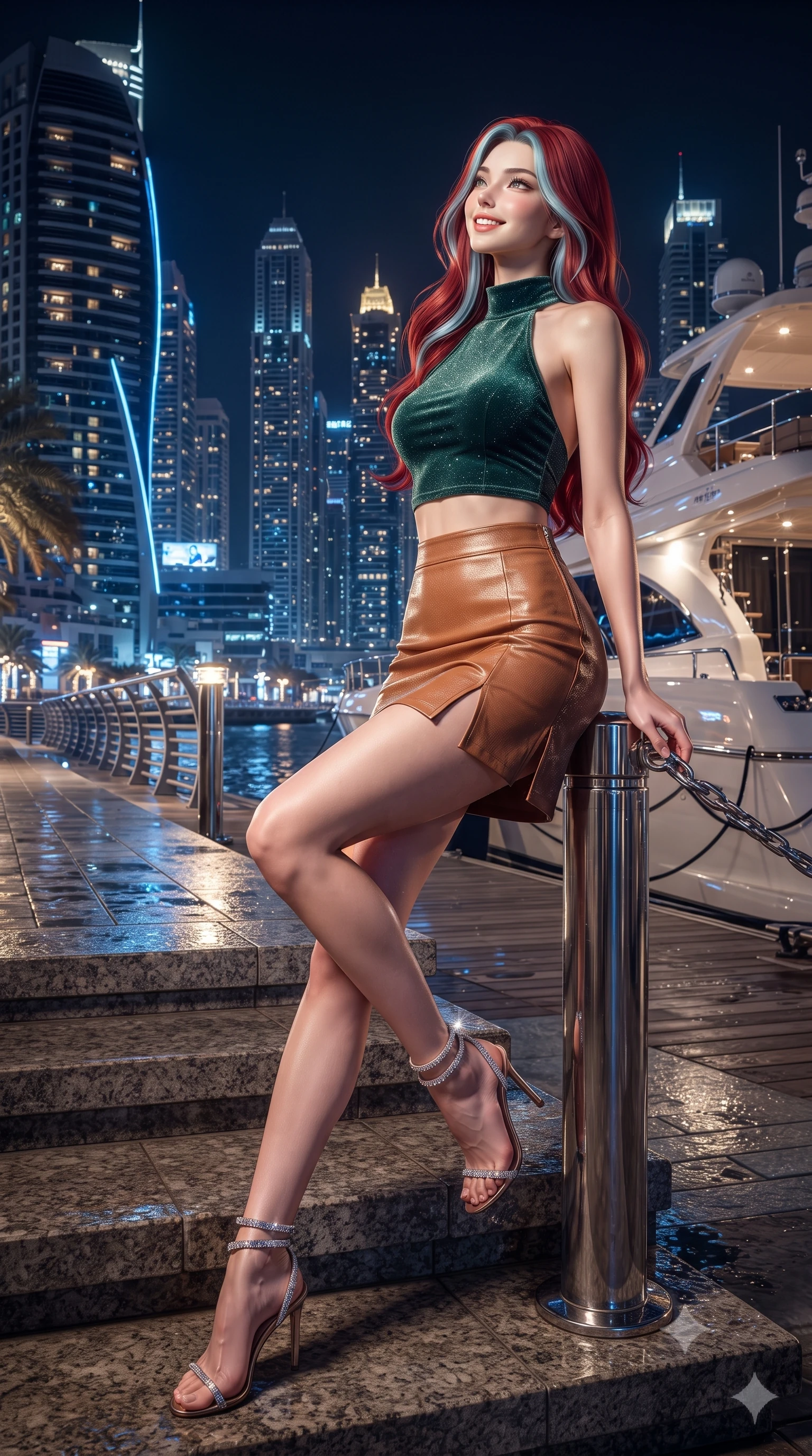 score_9, masterpiece, best quality, ultra-detailed, high-budget anime keyframe, editorial fashion photography, tasteful artistic composition, Caucasian woman. low angle full-body shot from head to toe showing her feet, filling the entire 9:16 vertical frame with her statuesque presence, stretching her vertical silhouette. sitting poised on the stone steps with one knee bent, arching her spine with supermodel elegance as she glances upward through thick eyelashes while leaning against the yacht mooring stanchion with hips cocked back, casting a smoldering bedroom-gaze toward the illuminated Dubai Marina skyline. The surrounding environment is rendered in vivid detail and crisp panoramic clarity: detailed backless silk jumpsuit drape, hip cutout lines, and futuristic waterfront architecture in razor-sharp precision. She has an exceptionally tall and slender model-like 8.5-heads proportion, an ultra-slim waist, a flat toned midriff, narrow delicate ribcage, and beautifully sculpted feminine hips creating a graceful, slim hourglass silhouette without any bulky heaviness, with impossibly long slender legs. sharp v-shaped jawline, high-bridge nose, intricate jewel-like sparkling eyes with depth, thick eyelashes, glossy parted lips with a natural peach sheen, bright cheerful beaming smile with an enchanting and coquettish sensual glint, exuding both youthful cute charm and seductive allure, flawlessly proportioned anatomical accuracy, strict slender model proportions, natural body alignment, perfectly sculpted long slender limbs, ultra-slim waistline, clean dynamic posture without body distortion. wearing a high-neck cropped halter top in stretch velvet paired with a high-waisted leather mini skirt with side zip slit in Hakone bamboo jade green and warm hinoki cedar, woven from stretch metallic lurex jersey casting radiant starlight glints across her curves, complemented by strappy stiletto sandals with crystal ankle wraps accentuating her slender calves, the glove-like clinging cut tightly following the natural contour of her hips and long slender legs with youthful 8.5-heads elegance. bathed in underwater pier LED illumination and warm landscape spotlights mixed with city ambient glow. ultra-reflective glossy finish, specular highlights, rich textural contrasts, high-contrast stereoscopic depth, volumetric dynamic lighting, 2k, ultra detail, master piece, 9:16 ratio