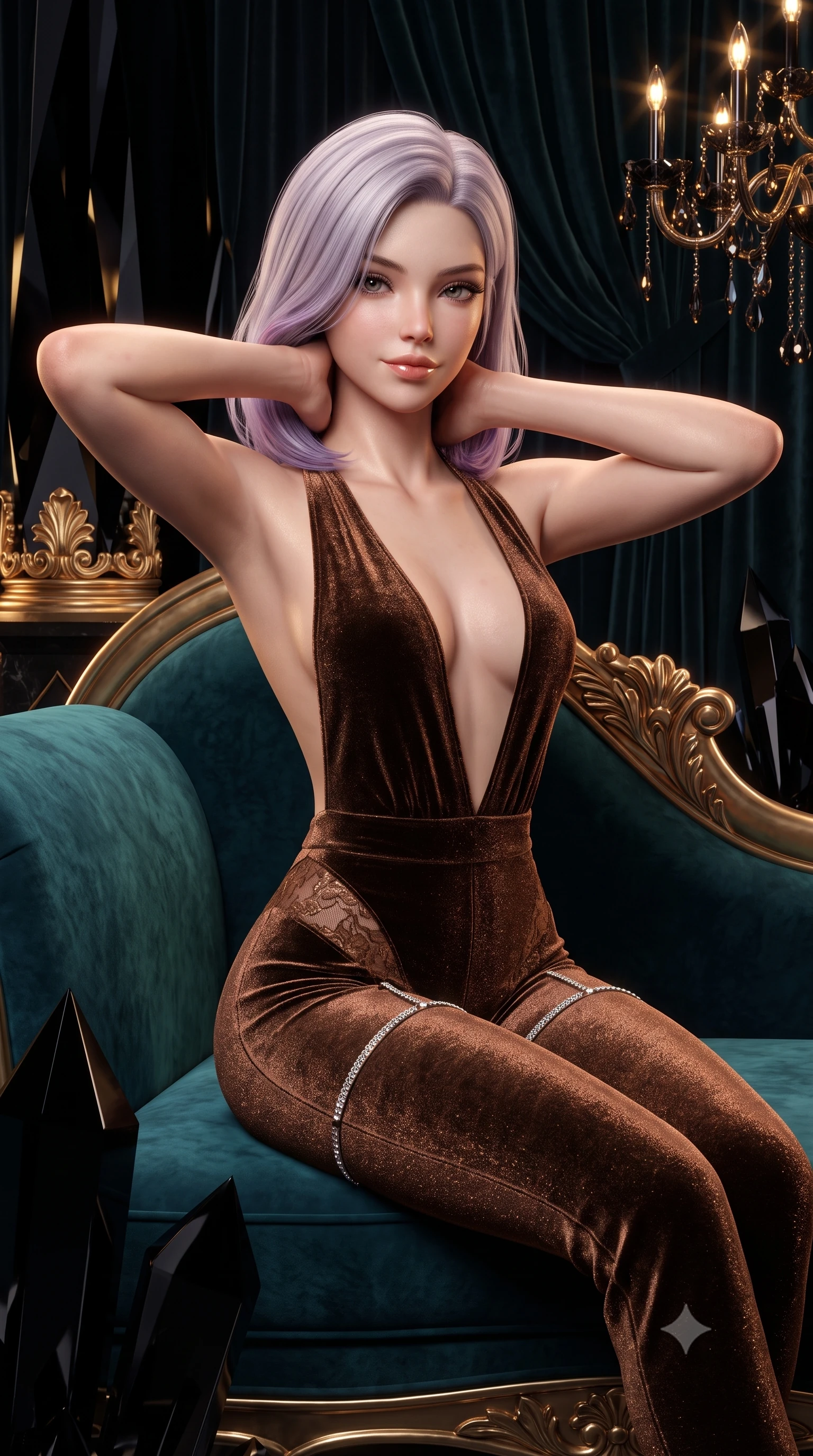 score_9, masterpiece, best quality, ultra-detailed, high-budget anime keyframe, semi-realistic 3D game render, editorial fashion photography, tasteful artistic composition, Caucasian woman. close-up cowboy shot from the waist and thighs up, the character dominates the composition, filling the frame with her large presence. resting both hands lightly behind her neck with elbows raised, arching her spine to highlight her narrow waist, flat midriff, and breathtaking collarbones while lounging across an ornate velvet-upholstered chaise lounge, her long slender legs and hourglass silhouette commanding the nocturnal hall. The surrounding environment is rendered in vivid detail and crisp panoramic clarity: sharp black crystal prism facets, gilded gesso acanthus leaf carvings, and deep velvet curtain folds in deep focus. She has an exceptionally elegant, slender, and willowy female figure with an ultra-slim waist, flat toned midriff, narrow ribcage, and sculpted feminine hips creating an alluring, slim hourglass silhouette without bulk. sharp v-shaped jawline, high-bridge nose, sparkling eyes with hypnotic seductive depth, thick curled eyelashes, glossy parted lips with a natural dewy peach sheen, alluring bedroom-eyes with an enchanting coquettish smile, exuding magnetic siren charisma and sophisticated glamour, flawlessly proportioned anatomical accuracy, strict slender model proportions, natural body alignment, perfectly sculpted long slender limbs, ultra-slim waistline, clean dynamic posture without body distortion. wearing a backless plunge-front second-skin velvet jumpsuit with fluid tapered legs and sheer lace hip inserts in sultry espresso bronze and metallic copper with velvet sheen, woven from stretch metallic lurex jersey casting radiant starlight glints across her silhouette, finished with delicate crystal-encrusted thigh garter straps glinting under the lights, the liquid-tight tailored fabric clinging flawlessly to her narrow waist and rounded feminine hips, emphasizing every millimeter of her sculpted slim hourglass curves without any bulky heaviness. bathed in the glittering amber-and-gold brilliance of black-crystal chandelier candle bulbs. highly saturated vibrant anime colors, detailed shading with soft gradients, rich glossy textures, high-contrast stereoscopic depth, volumetric dynamic lighting, master piece, 9:16 ratio