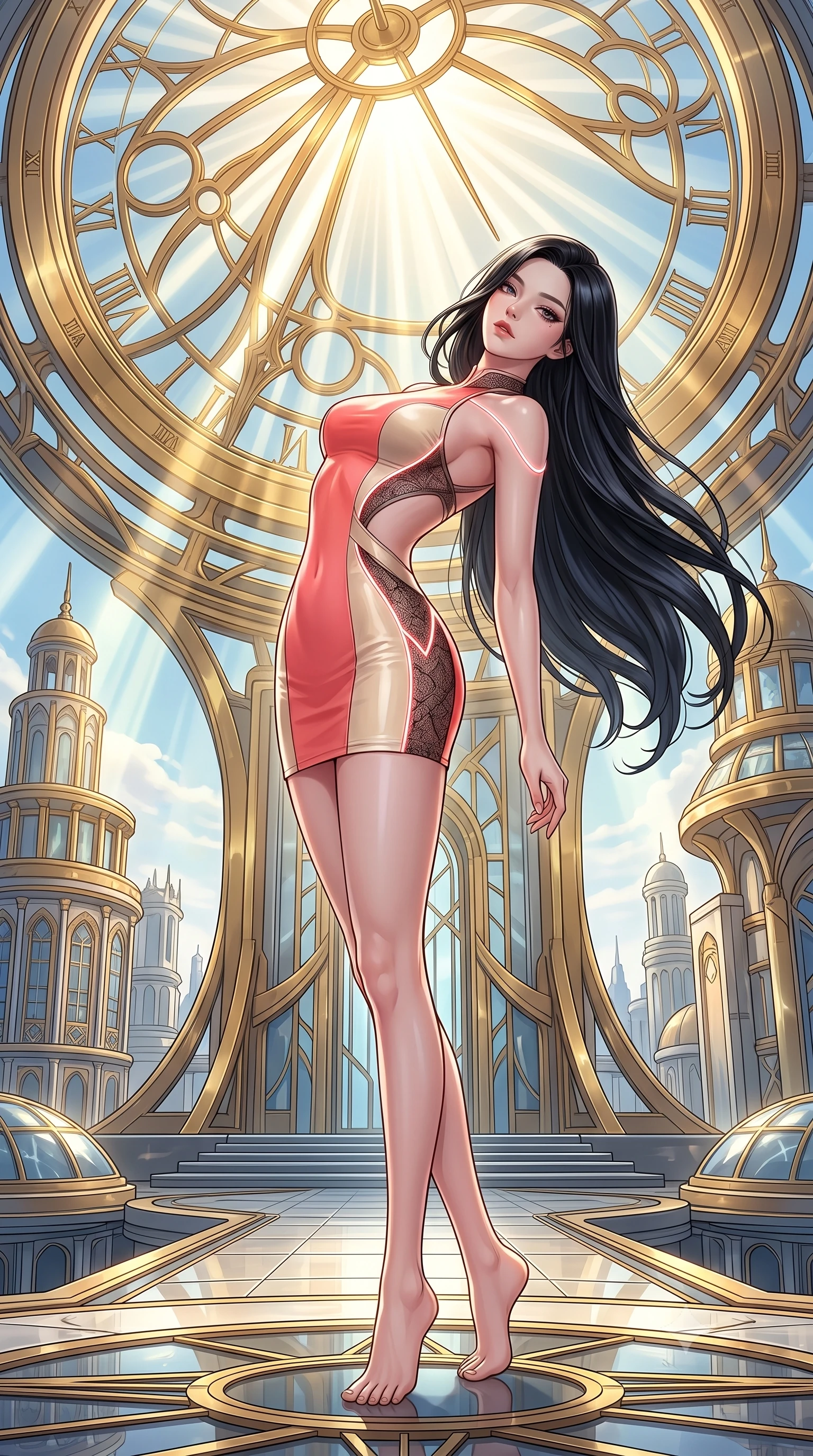 score_9, masterpiece, best quality, ultra-detailed, high-budget anime keyframe, semi-realistic 3D game render, editorial fashion photography, tasteful artistic composition, Korean woman. low angle full-body shot from head to toe showing her feet, filling the entire 9:16 vertical frame with her statuesque presence, stretching her vertical silhouette. arching her back in a fluid zero-gravity turn with sovereign grace, her long slender legs and sculpted torso creating a sweeping line while arching her spine in a fluid stretch beneath a colossal golden sundial as intense volumetric sunbeams trace her slender torso. The surrounding environment is rendered in vivid detail and crisp panoramic clarity. intense natural daylight refractions and panoramic monumental architecture captured with environmental sharpness. She has an absolutely perfect, statuesque 8.5-heads proportion, an exceptionally tall and slender model-like female figure with impossibly long slender legs, a toned flat midriff, and an ultra-slim waist. sharp v-shaped jawline, high-bridge nose, intricate jewel-like eyes with depth, thick eyelashes, glossy lips with a natural sheen, flawlessly proportioned anatomical accuracy, strict slender model proportions, natural body alignment, perfectly sculpted long slender limbs, ultra-slim waistline, clean dynamic posture without body distortion. wearing a second-skin fashion-latex mini dress with a clean architectural front, featuring an open-back design that wraps around the sides of her waist, showcasing her slender silhouette in radiant coral pink and champagne ivory, crafted from delicate dark lace interwoven with luminescent micro-fibers, accented with glowing fiber-optic seams tracing her collarbones and hip curves, the glove-like aerodynamic second-skin fit tightly clinging to her ultra-slender waist and athletic curves without adding bulk, accentuating her razor-sharp statuesque lines and slim hourglass silhouette. surrounded by a majestic, radiant, and intensely alluring solar goddess atmosphere. highly saturated vibrant anime colors, detailed shading with soft gradients, rich glossy textures, high-contrast stereoscopic depth, volumetric dynamic lighting, master piece, 9:16 ratio
