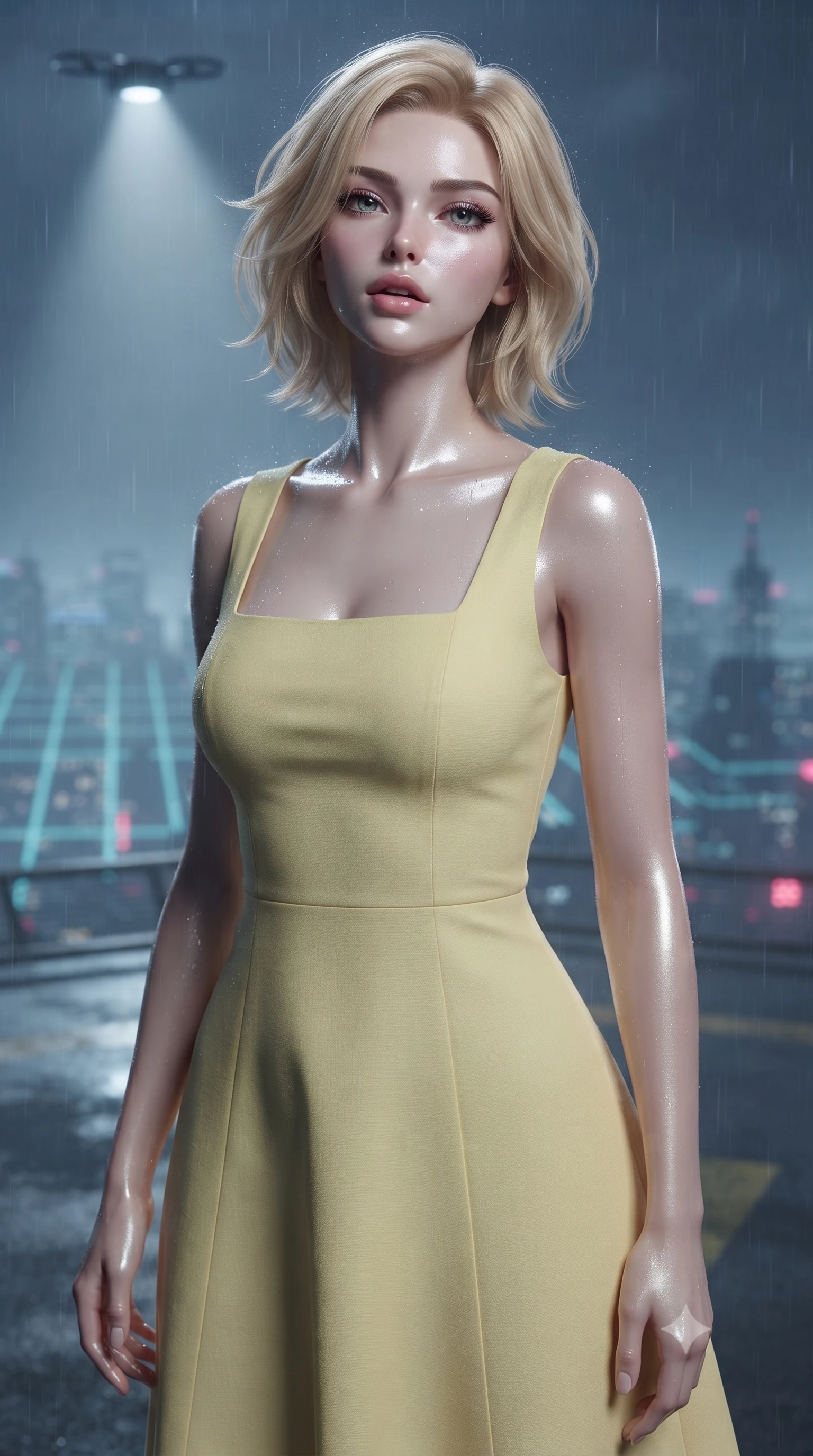 score_9, masterpiece, best quality, ultra-detailed, high-budget anime keyframe, editorial fashion photography, tasteful artistic composition, Caucasian woman. close-up cowboy shot from the waist and thighs up, the character dominates the composition, filling the frame with her large presence, background elements kept in soft focus. tilting her chin up slightly with lips parted in a composed, provocative expression the background shows a soft-focus a misty rooftop helipad overlooking a neon-grid skyline during a midnight drizzle. She has an exceptionally elegant, slender, and willowy female figure with an ultra-slim waist, a gracefully sculpted slender torso, and a refined silhouette. sharp v-shaped jawline, high-bridge nose, intricate jewel-like eyes with depth, thick eyelashes, glossy lips with a natural sheen. wearing a tailored casual summer sundress in pale yellow cotton with a simple square neckline. volumetric spotlight from a hovering search drone casting dramatic shadows. ultra-reflective glossy finish, specular highlights, metallic sheen, high-contrast stereoscopic depth, volumetric dynamic lighting, 2k, ultra detail, master piece, 9:16 ratio