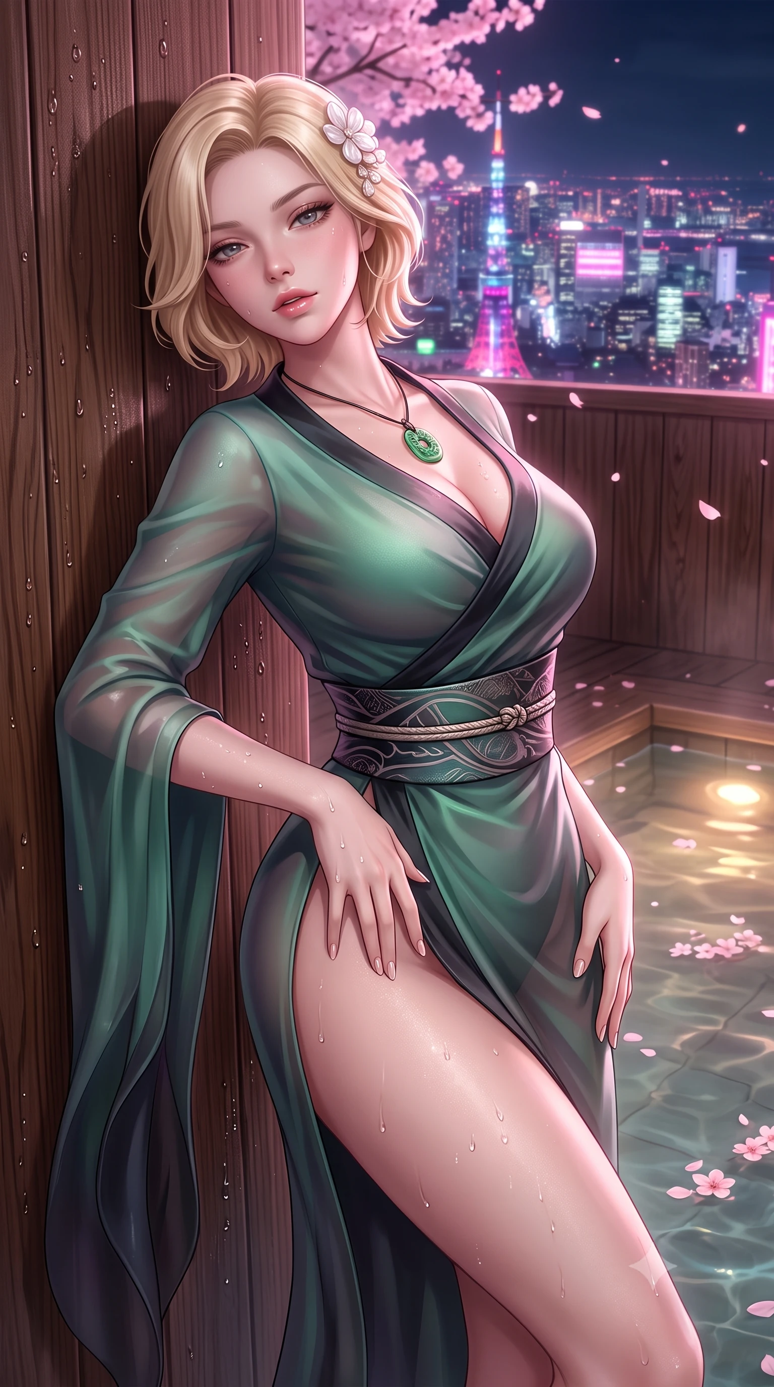 score_9, masterpiece, best quality, ultra-detailed, high-budget anime keyframe, semi-realistic 3D game render, editorial fashion photography, tasteful artistic composition, Caucasian woman. close-up cowboy shot from the waist and thighs up, the character dominates the composition, filling the frame with her large presence. resting one manicured hand delicately on her hip bone, her upper body turning in a fluid, seductive S-curve while parted lips glisten in the light while leaning back against a cedar bath partition overlooking glowing Tokyo skyscrapers, parted glossy lips reflecting pink neon lights. The surrounding environment is rendered in vivid detail and crisp panoramic clarity. sharp wet hinoki wood grain, distinct water droplet tracks on skin, and delicate cherry blossom petals in deep focus. She has an exceptionally elegant, slender, and willowy female figure with an ultra-slim waist, a gracefully sculpted slender torso, toned flat midriff, and rounded feminine hips creating an alluring hourglass silhouette. sharp v-shaped jawline, high-bridge nose, intricate jewel-like eyes with depth, thick eyelashes, glossy parted lips with a natural sheen, intensely captivating and seductive bedroom-eyes expression, flawlessly proportioned anatomical accuracy, strict slender model proportions, natural body alignment, perfectly sculpted long slender limbs, ultra-slim waistline, clean dynamic posture without body distortion. wearing a traditional-modern silk fusion wrap dress with asymmetric trailing sleeves and waist-cinching obi in jade green and dark obsidian, crafted from weightless prism organza that refracts light with every motion, accented with mother-of-pearl hair ornaments and a carved jade pendant, the second-skin form-contouring cut accentuating her sculpted flat midriff, narrow waistline, and dramatically curvy hips without adding bulk. bathed in soft pink cherry blossom ambient glow and warm underwater mineral pool lights. highly saturated vibrant anime colors, detailed shading with soft gradients, rich glossy textures, high-contrast stereoscopic depth, volumetric dynamic lighting, master piece, 9:16 ratio