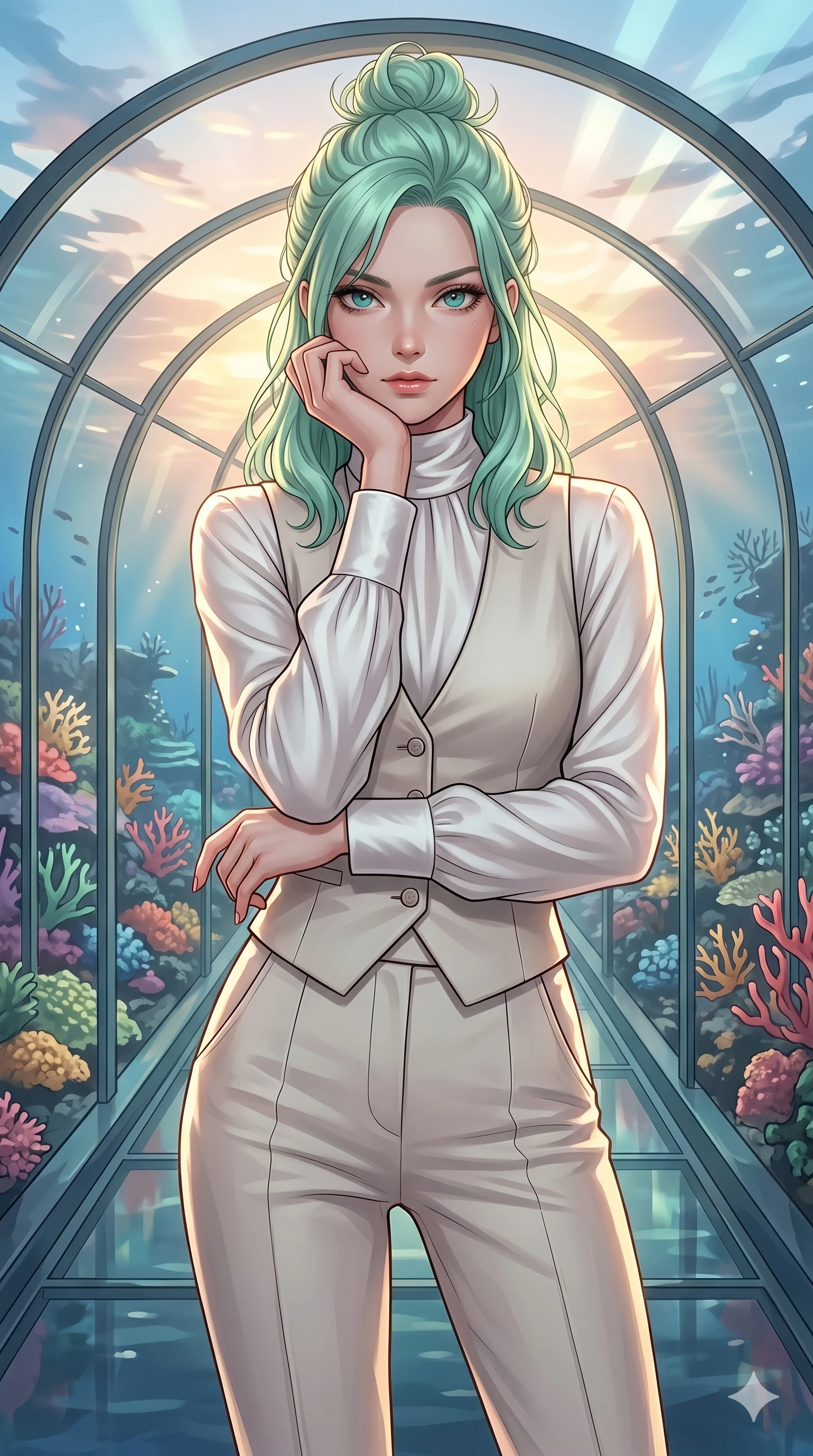 score_9, masterpiece, best quality, ultra-detailed, high-budget anime keyframe, editorial fashion photography, tasteful artistic composition, Japanese woman. cowboy shot from the thighs up, character and outfit filling the frame for maximum editorial presence. resting her chin on her hand, looking directly at the camera with a confident, piercing gaze inside a seaside glass tunnel with views of a colorful coral reef (Code-P19-067). She has an absolutely perfect 8-heads proportion, an exceptionally tall and slender female figure with impossibly long slender legs and an ultra-slim waist. V-shaped jawline, high-bridge nose, intricate jewel-like eyes with depth, thick eyelashes, glossy lips with a natural sheen. wearing a high-neck long-sleeve shirt in white silk under a structured vest and pants. soft sunset light from the horizon, casting a magical aura on her. 2k, ultra detail, master piece, 9:16 ratio