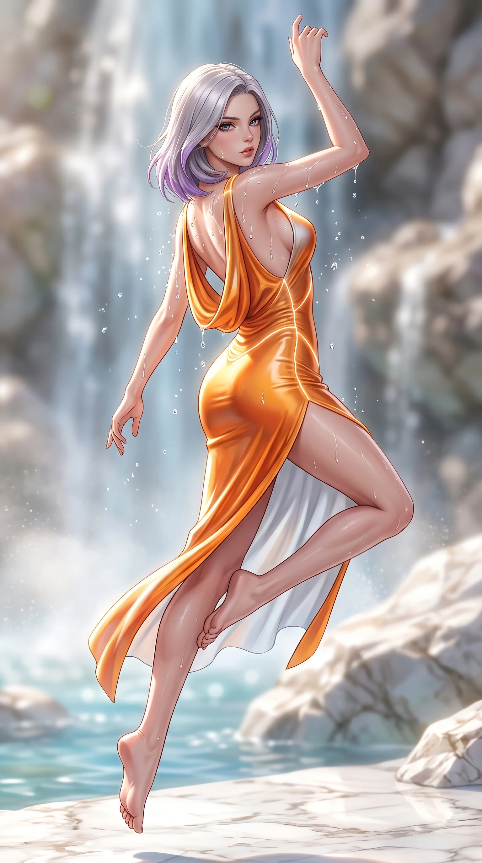 score_9, masterpiece, best quality, ultra-detailed, high-budget anime keyframe, semi-realistic 3D game render, editorial fashion photography, tasteful artistic composition, Caucasian woman. low angle full-body shot from head to toe showing her feet, filling the entire 9:16 vertical frame with her statuesque presence, stretching her vertical silhouette. performing an alluring mid-air vault with flawless poise, looking directly into the camera with smoldering intensity while reclining along a sunlit marble rock pool as clear cascading water droplets glisten across her bare shoulders. The composition keeps background elements in soft focus with creamy bokeh. rising water mist and marble rock formations softened by luminous shallow depth of field. She has an absolutely perfect, statuesque 8.5-heads proportion, an exceptionally tall and slender model-like female figure with impossibly long slender legs, a toned flat midriff, and an ultra-slim waist. sharp v-shaped jawline, high-bridge nose, intricate jewel-like eyes with depth, thick eyelashes, glossy lips with a natural sheen, flawlessly proportioned anatomical accuracy, strict slender model proportions, natural body alignment, perfectly sculpted long slender limbs, ultra-slim waistline, clean dynamic posture without body distortion. wearing a precision-fitted liquid jersey bodycon dress with a dramatic draped cowl back that swoops down to her waist and a high side slit in vivid sunset amber orange and cloud white, made of liquid metal jersey that clings flawlessly to every contour of her build, accented with glowing fiber-optic seams tracing her collarbones and hip curves, the form-contouring material adhering flawlessly to her sculpted flat midriff and slender torso, emphasizing her long leg lines and perfectly proportioned willowy build. illuminated by sparkling water droplet refractions and crisp white key lighting. highly saturated vibrant anime colors, detailed shading with soft gradients, rich glossy textures, high-contrast stereoscopic depth, volumetric dynamic lighting, master piece, 9:16 ratio
