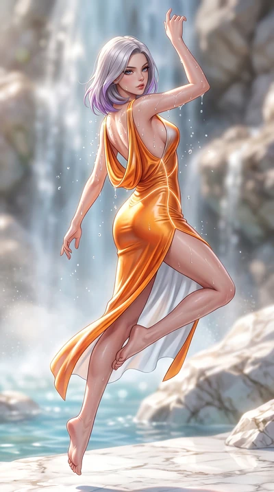 score_9, masterpiece, best quality, ultra-detailed, high-budget anime keyframe, semi-realistic 3D game render, editorial fashion photography, tasteful artistic composition, Caucasian woman. low angle full-body shot from head to toe showing her feet, 