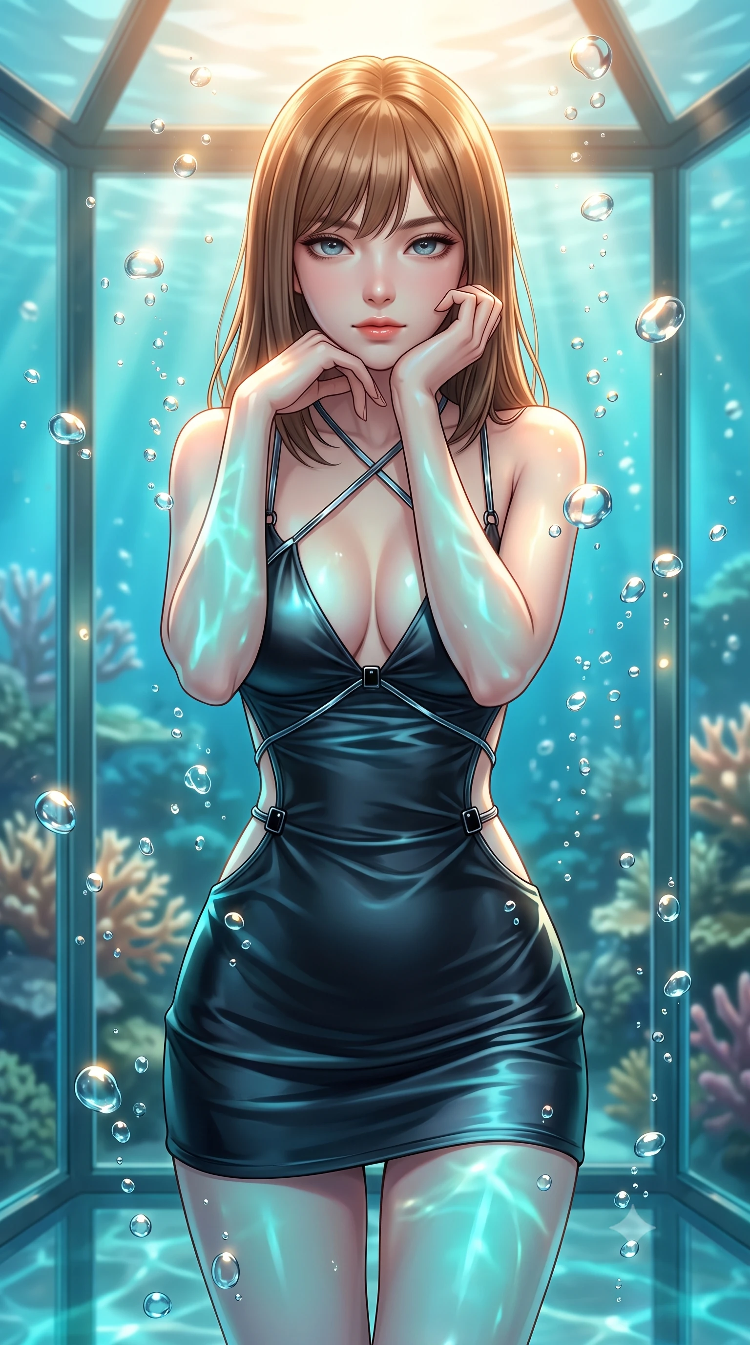 score_9, masterpiece, best quality, ultra-detailed, high-budget anime keyframe, editorial fashion photography, tasteful artistic composition, Korean woman. close-up cowboy shot from the waist and thighs up, the character dominates the composition, filling the frame with her large presence, background elements kept in soft focus. Resting her chin on the backs of her fingers with an air of effortless superiority, standing inside an exclusive submerged glass suite under a shallow tropical lagoon, rising air bubbles catching bright golden rim highlights. She has an exceptionally elegant, slender, and willowy female figure with an ultra-slim waist, a gracefully sculpted slender torso, and a refined silhouette. sharp v-shaped jawline, high-bridge nose, intricate jewel-like eyes with depth, thick eyelashes, glossy lips with a natural sheen. wearing dramatically scooped backless dark satin mini dress with criss-cross chrome straps in pitch-black onyx, made of liquid dark mercury jersey, adorned with minimalist black onyx hardware framing the silhouette, accentuating her gracefully sculpted slender torso. bathed in shimmering aqua reflections and warm top sunlight. highly saturated vibrant anime colors, detailed shading with soft gradients, rich glossy textures, high-contrast stereoscopic depth, volumetric dynamic lighting, master piece, 9:16 ratio