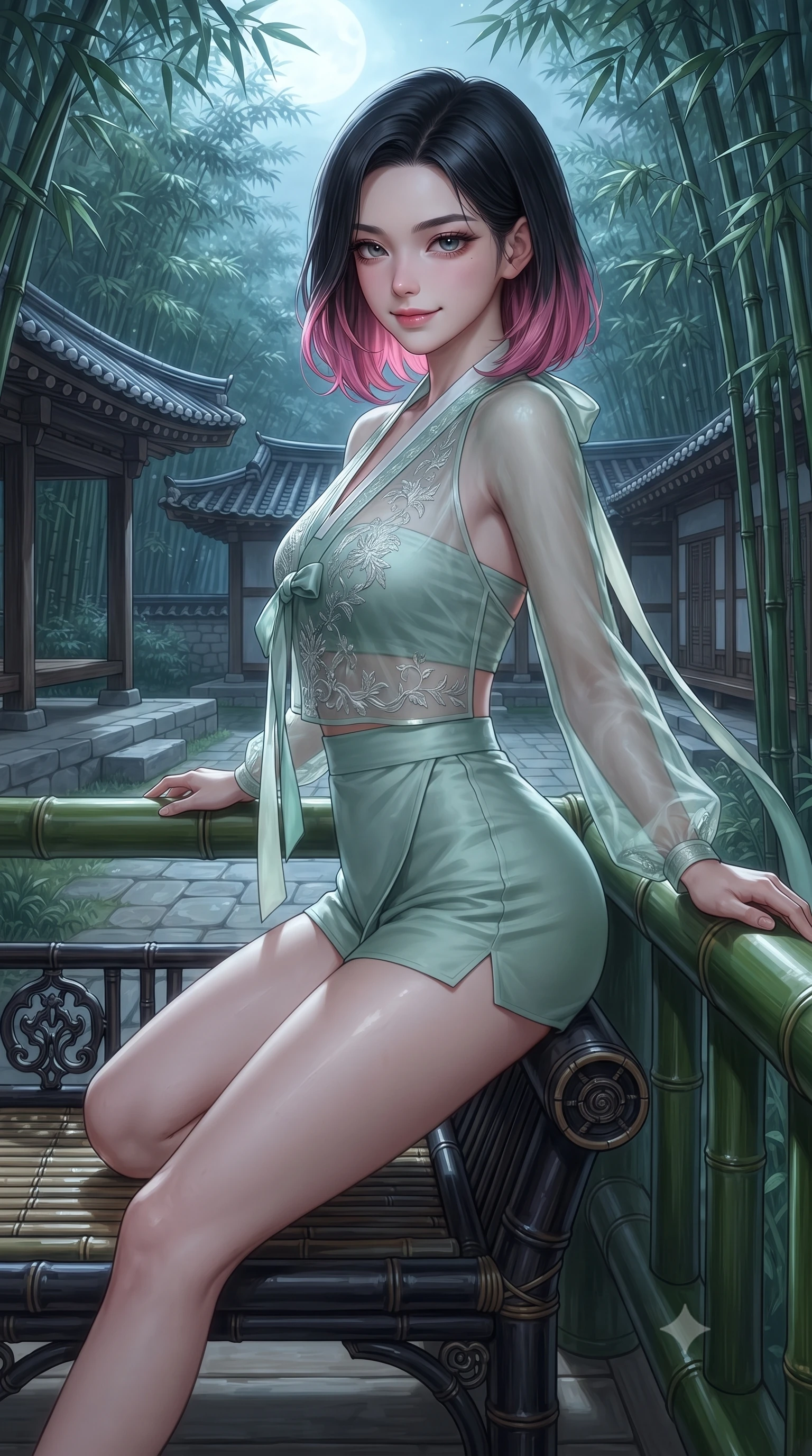 score_9, masterpiece, best quality, ultra-detailed, high-budget anime keyframe, editorial fashion photography, tasteful artistic composition, Korean woman. close-up cowboy shot from the waist and thighs up, the character dominates the composition, filling the frame with her large presence. perched sideways on the lounge seat, one knee drawn up to showcase her slender leg line while her arched back accentuates her feminine hip curve while leaning back against the smooth bamboo balustrade with relaxed allure, casting an intoxicating, heavy-lidded bedroom-gaze toward the camera. The surrounding environment is rendered in vivid detail and crisp panoramic clarity: detailed silk satin fabric drape, dewy moisture on skin, and serene courtyard architecture in high resolution. She has an exceptionally elegant, slender, and willowy female figure with an ultra-slim waist, flat toned midriff, narrow ribcage, and sculpted feminine hips creating an alluring, slim hourglass silhouette without bulk. sharp v-shaped jawline, high-bridge nose, sparkling eyes with hypnotic seductive depth, thick curled eyelashes, glossy parted lips with a natural dewy peach sheen, alluring bedroom-eyes with an enchanting coquettish smile, exuding magnetic siren charisma and sophisticated glamour, flawlessly proportioned anatomical accuracy, strict slender model proportions, natural body alignment, perfectly sculpted long slender limbs, ultra-slim waistline, clean dynamic posture without body distortion. wearing a deep V-neck sheer gossamer hanbok blouse layered over an opaque silk bandeau and high-waisted wrap shorts in moonlit jade green and pure alabaster white with silver accents, tailored from fine ribbed modal knit with gentle elastic contouring and soft hand-feel, finished with long silk ribbon ties fluttering down her bare spine from a backless halter, the glove-like clinging cut tightly following the natural contour of her hips and long slender legs with youthful 8.5-heads elegance. bathed in cool moonlight filtering delicately through the dense bamboo canopy. ultra-reflective glossy finish, specular highlights, rich textural contrasts, high-contrast stereoscopic depth, volumetric dynamic lighting, 2k, ultra detail, master piece, 9:16 ratio