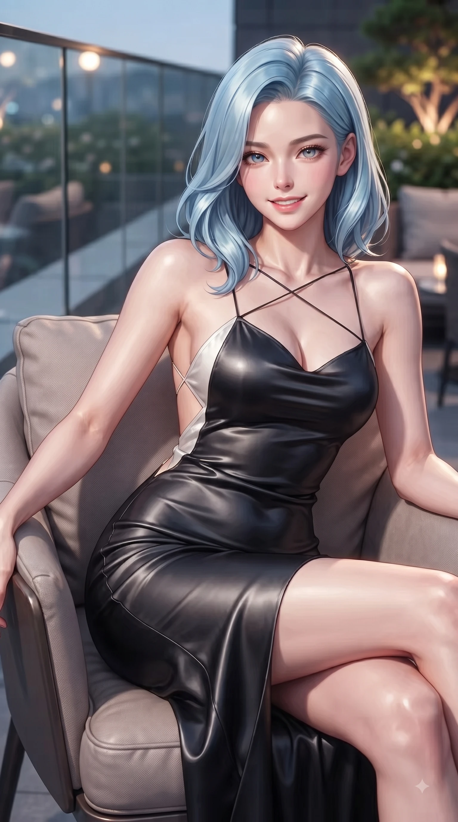 score_9, masterpiece, best quality, ultra-detailed, high-budget anime keyframe, editorial fashion photography, tasteful artistic composition, Korean woman. close-up cowboy shot from the waist and thighs up, the character dominates the composition, filling the frame with her large presence. Youthful bright smile exuding pure cute charm and fresh energy, her torso turning dynamically into the lens while lounging in a plush designer chair under warm ambient outdoor terrace lights. The composition keeps background elements in soft focus with dreamy bokeh. rooftop deck glass railings and terrace greenery softened in smooth shallow focus. She has an exceptionally elegant, slender, and willowy female figure with an ultra-slim waist, a gracefully sculpted slender torso, and a refined silhouette. sharp v-shaped jawline, high-bridge nose, intricate jewel-like eyes with depth, thick eyelashes, glossy lips with a natural sheen, flawlessly proportioned anatomical accuracy, natural body alignment, perfectly sculpted elegant limbs, clean dynamic posture without body distortion. wearing a precision-fitted liquid satin slip dress with fluid draped lines and an open back in sleek jet black and pure white contrast, made of premium stretch jersey that follows her curves like a glove, finished with delicate criss-cross back straps highlighting her bare shoulders, the elegant draped fit framing her graceful clavicle and slender torso. surrounded by a sophisticated, glamorous, and modern nightlife aura. ultra-reflective glossy finish, specular highlights, metallic sheen, high-contrast stereoscopic depth, volumetric dynamic lighting, 2k, ultra detail, master piece, 9:16 ratio