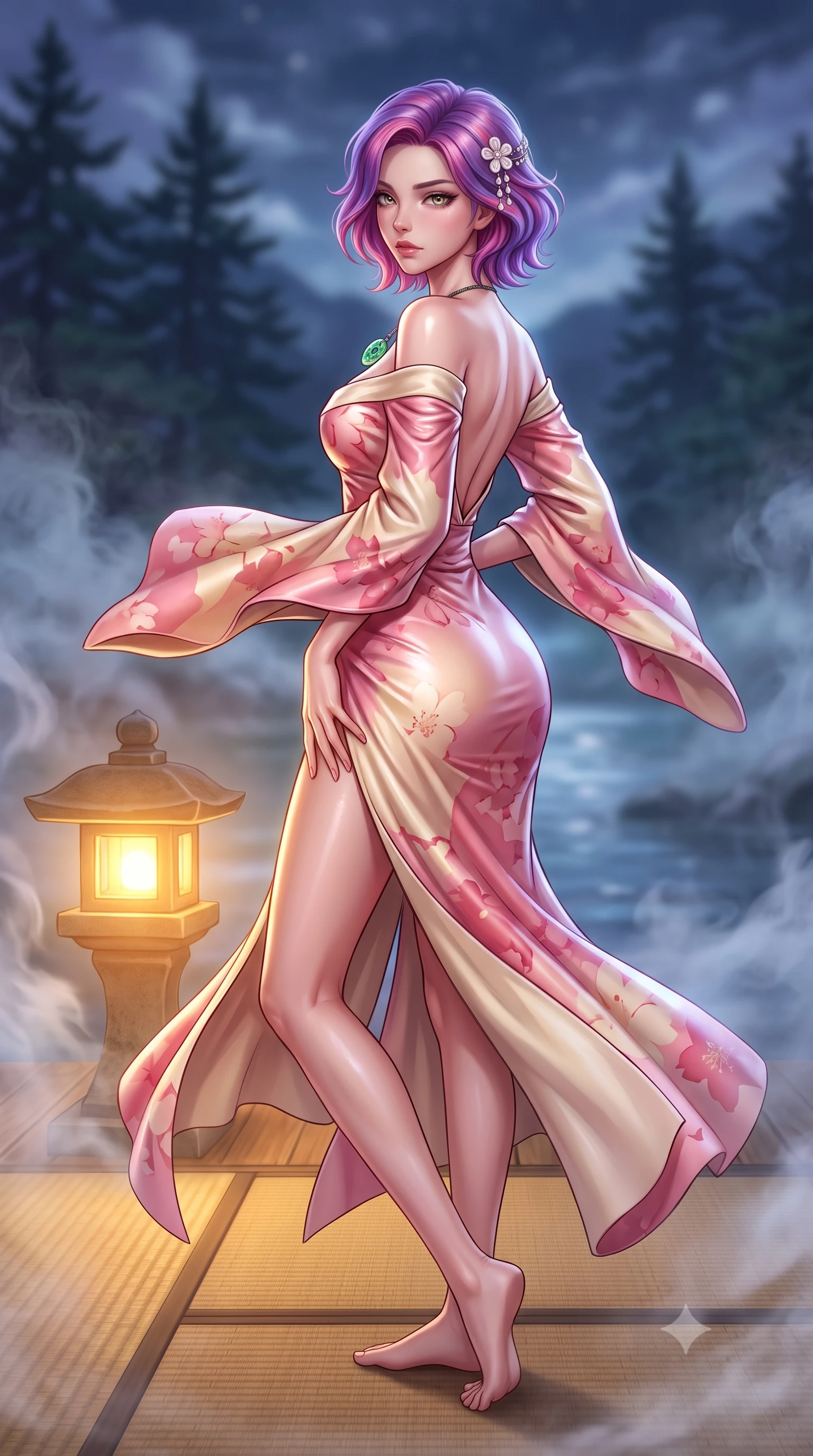 score_9, masterpiece, best quality, ultra-detailed, high-budget anime keyframe, semi-realistic 3D game render, editorial fashion photography, tasteful artistic composition, Caucasian woman. low angle full-body shot from head to toe showing her feet, filling the entire 9:16 vertical frame with her statuesque presence, stretching her vertical silhouette. executing an elegant mid-motion pivot turn as garments swirl around her slender limbs, glancing over her shoulder with an intoxicating bedroom-gaze while kneeling gracefully on the warm tatami deck beside a glowing stone lantern, one hand resting on her bare hip as cool river mist curls around her. The composition keeps background elements in soft focus with creamy bokeh. distant Katsura river waters and dark pine silhouettes softened in dreamy nocturnal shallow focus. She has an absolutely perfect, statuesque 8.5-heads proportion, an exceptionally tall and slender model-like female figure with impossibly long slender legs, a toned flat midriff, an ultra-slim waist, and beautifully sculpted feminine hips. sharp v-shaped jawline, high-bridge nose, intricate jewel-like eyes with depth, thick eyelashes, glossy parted lips with a natural sheen, intensely captivating and seductive bedroom-eyes expression, flawlessly proportioned anatomical accuracy, strict slender model proportions, natural body alignment, perfectly sculpted long slender limbs, ultra-slim waistline, clean dynamic posture without body distortion. wearing a backless off-shoulder silk kimono gown with fluttering drapes and an ultra-high side slit in sakura blossom pink and warm ivory, crafted from supple second-skin lambskin leather with specular wet sheen, accented with mother-of-pearl hair ornaments and a carved jade pendant, the liquid-tight tailored fabric clinging flawlessly to her narrow waist and rounded feminine hips, emphasizing every millimeter of her sculpted hourglass curves during movement. surrounded by a tranquil, poetic, and deeply sensual Japanese ryokan muse aura. highly saturated vibrant anime colors, detailed shading with soft gradients, rich glossy textures, high-contrast stereoscopic depth, volumetric dynamic lighting, master piece, 9:16 ratio