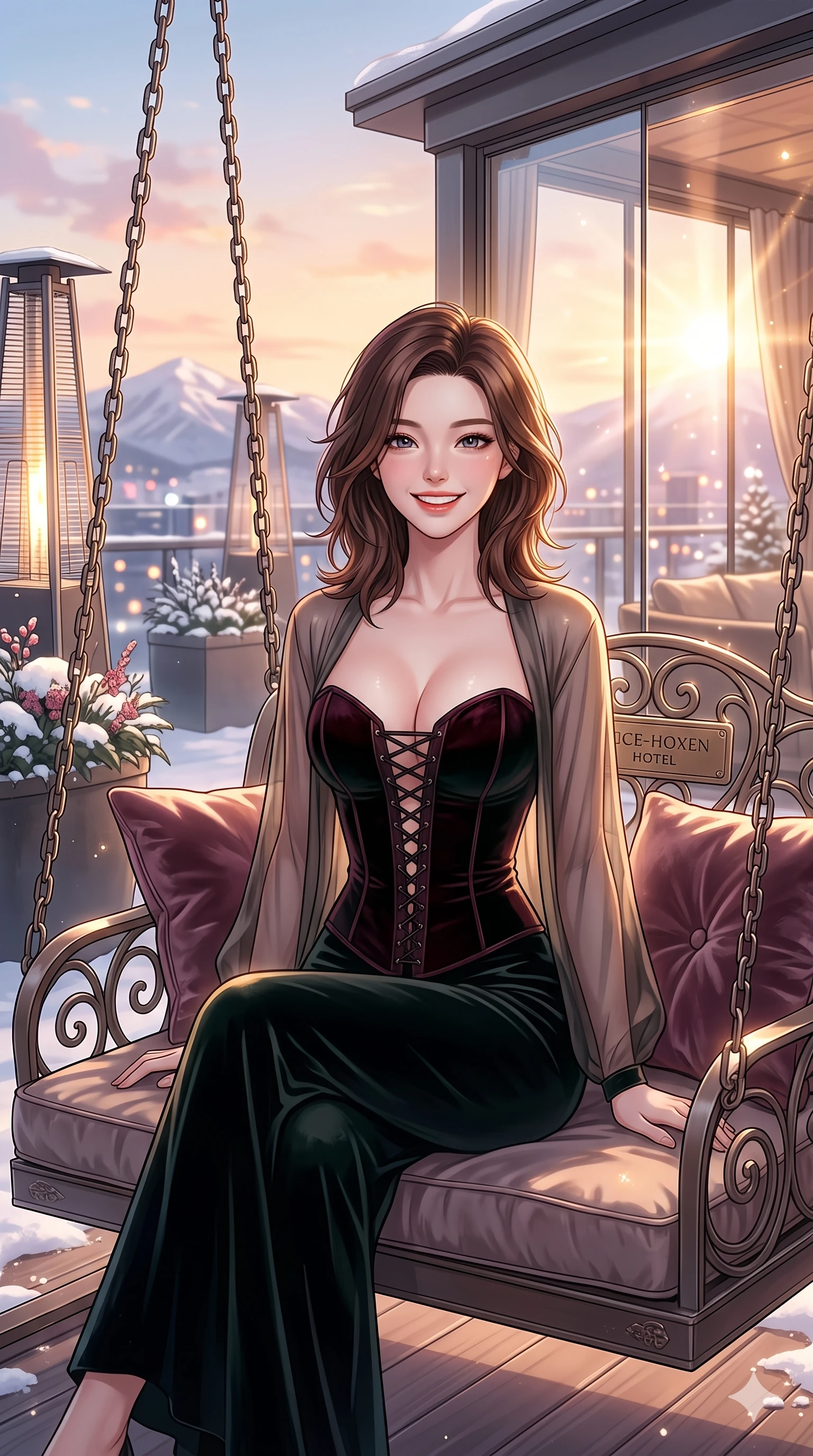 score_9, masterpiece, best quality, ultra-detailed, high-budget anime keyframe, vibrant anime aesthetic, Korean woman. cowboy shot from the thighs up, character and outfit filling the frame for maximum presence. She is sitting on a garden swing, smiling brightly with a cheerful and warm winter gaze on a luxury hotel rooftop terrace at winter golden hour (Code-P21-124). She has an absolutely perfect 8-heads proportion, an exceptionally tall and slender female figure with impossibly long slender legs and an ultra-slim waist. V-shaped jawline, high-bridge nose, intricate jewel-like eyes with depth, thick eyelashes, glossy lips with a natural sheen. wearing a dark velvet corset with a deep sweetheart neckline revealing her cleavage and a sheer wrap in the cabin. She is illuminated by direct, sparkling winter sunbeams reflecting off the clean window glass. 2k, ultra detail, master piece, 9:16 ratio