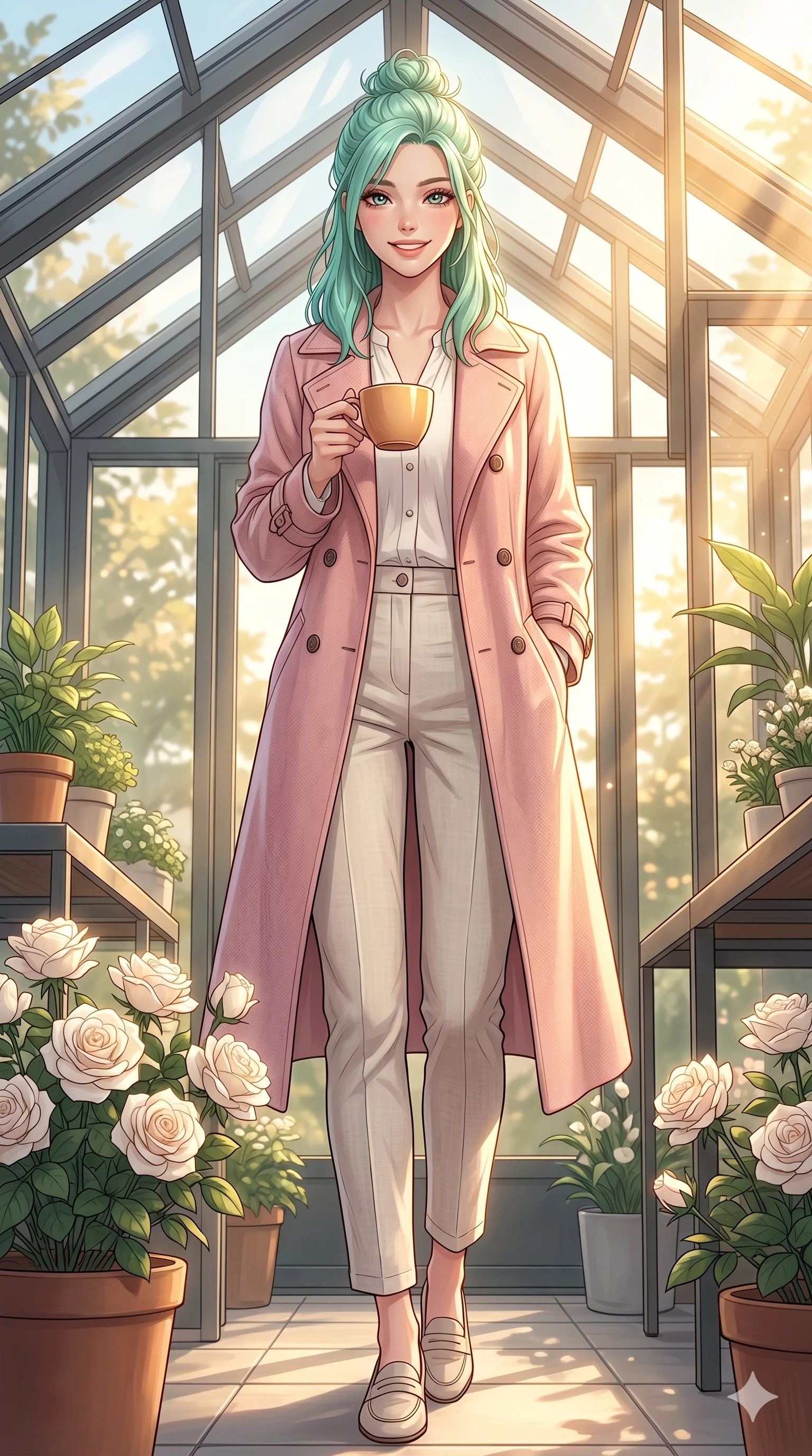 score_9, masterpiece, best quality, ultra-detailed, high-budget anime keyframe, vibrant anime aesthetic, Japanese woman. low angle full-body shot from head to toe showing her feet, filling the entire 9:16 vertical frame with her statuesque presence, stretching her vertical silhouette. She is holding a warm cup of coffee and smiling warmly under the bright sunbeams inside a modern greenhouse pavilion filled with white winter roses and warm sunbeams (Code-P21-011). She has an absolutely perfect 8-heads proportion, an exceptionally tall and slender female figure with impossibly long slender legs and an ultra-slim waist. V-shaped jawline, high-bridge nose, intricate jewel-like eyes with depth, thick eyelashes, glossy lips with a natural sheen. wearing a pastel pink trench coat over a white blouse and linen trousers. She is illuminated by warm, golden sun rays highlighting the textures of her cozy coat. 2k, ultra detail, master piece, 9:16 ratio