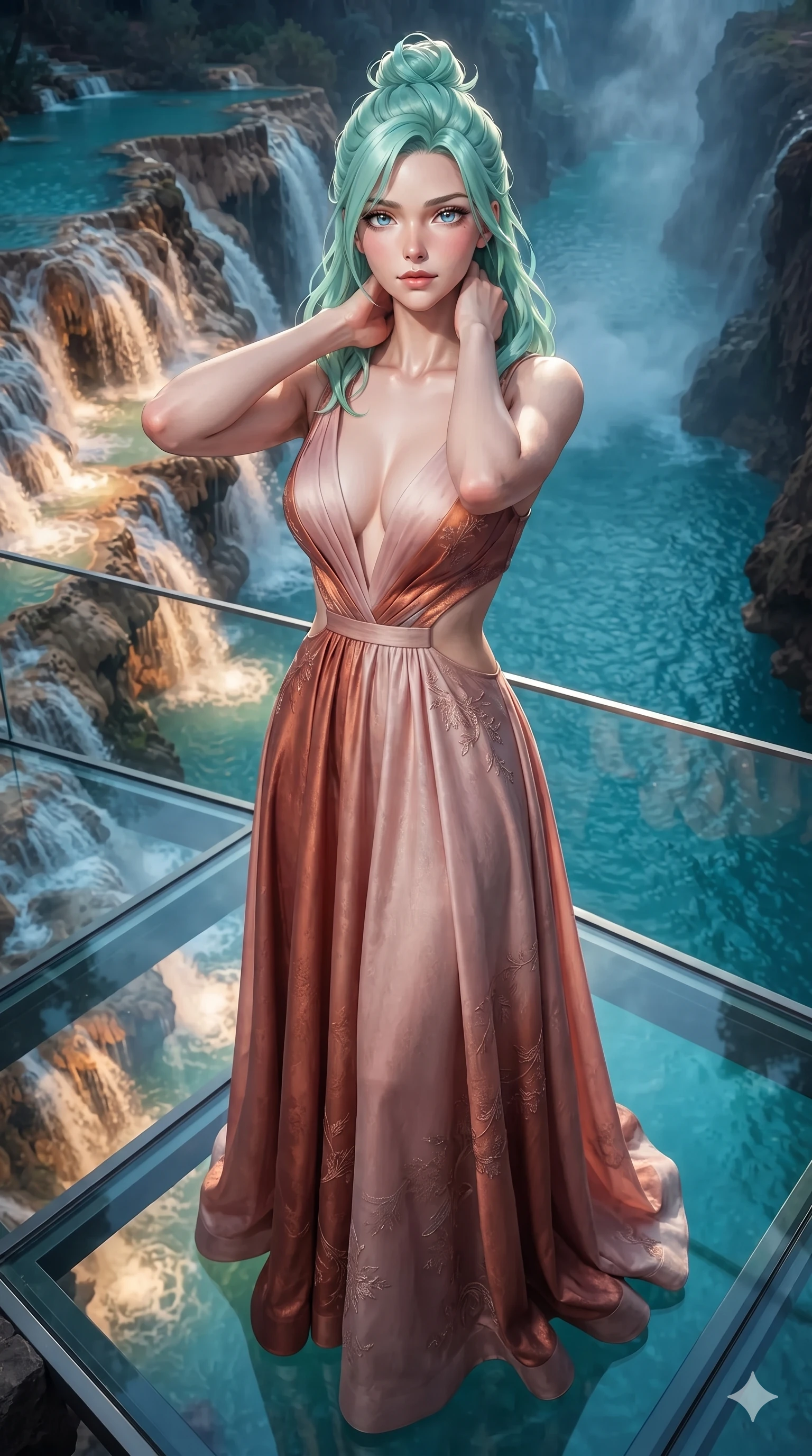 score_9, masterpiece, best quality, ultra-detailed, high-budget anime keyframe, editorial fashion photography, tasteful artistic composition, Japanese woman. close-up cowboy shot from the waist and thighs up, the character dominates the composition, filling the frame with her large presence. resting both hands lightly behind her neck with elbows raised, arching her spine to highlight her narrow waist, flat midriff, and breathtaking collarbones while standing poised at the center of the transparent span, arching her lower back with sovereign supermodel grace as mineral waterfall mist rises around her. The background shows a soft-focus cascading illuminated thermal waterfalls, rushing turquoise water beneath transparent glass, and distant neon bridges blurred into turquoise, sapphire, and amber bokeh. She has an exceptionally elegant, slender, and willowy female figure with an ultra-slim waist, flat toned midriff, narrow ribcage, and sculpted feminine hips creating an alluring, slim hourglass silhouette without bulk. sharp v-shaped jawline, high-bridge nose, intricate jewel-like sparkling eyes with depth, thick eyelashes, glossy parted lips with a natural sheen, intensely captivating and seductive bedroom-eyes expression, exuding both youthful cute charm and sovereign luxury allure, flawlessly proportioned anatomical accuracy, strict slender model proportions, natural body alignment, perfectly sculpted long slender limbs, ultra-slim waistline, clean dynamic posture without body distortion. wearing an alluring plunging sweetheart bodice dress with sheer mesh side-waist cutouts contouring her ribs in rose-quartz blush and burnished copper, woven from buttery-soft stretch lambskin leather adhering to her body like a second skin, featuring fine criss-cross lace-up side ties revealing tantalizing glimpses of her hip curve, the glove-like clinging cut tightly following the natural contour of her hips and long slender legs with youthful 8.5-heads elegance. illuminated by glass floor bounce and sharp turquoise-platinum rim lights defining her razor-sharp jawline, narrow waist, and curvy hips. ultra-reflective glossy finish, specular highlights, rich textural contrasts, high-contrast stereoscopic depth, volumetric dynamic lighting, 2k, ultra detail, master piece, 9:16 ratio