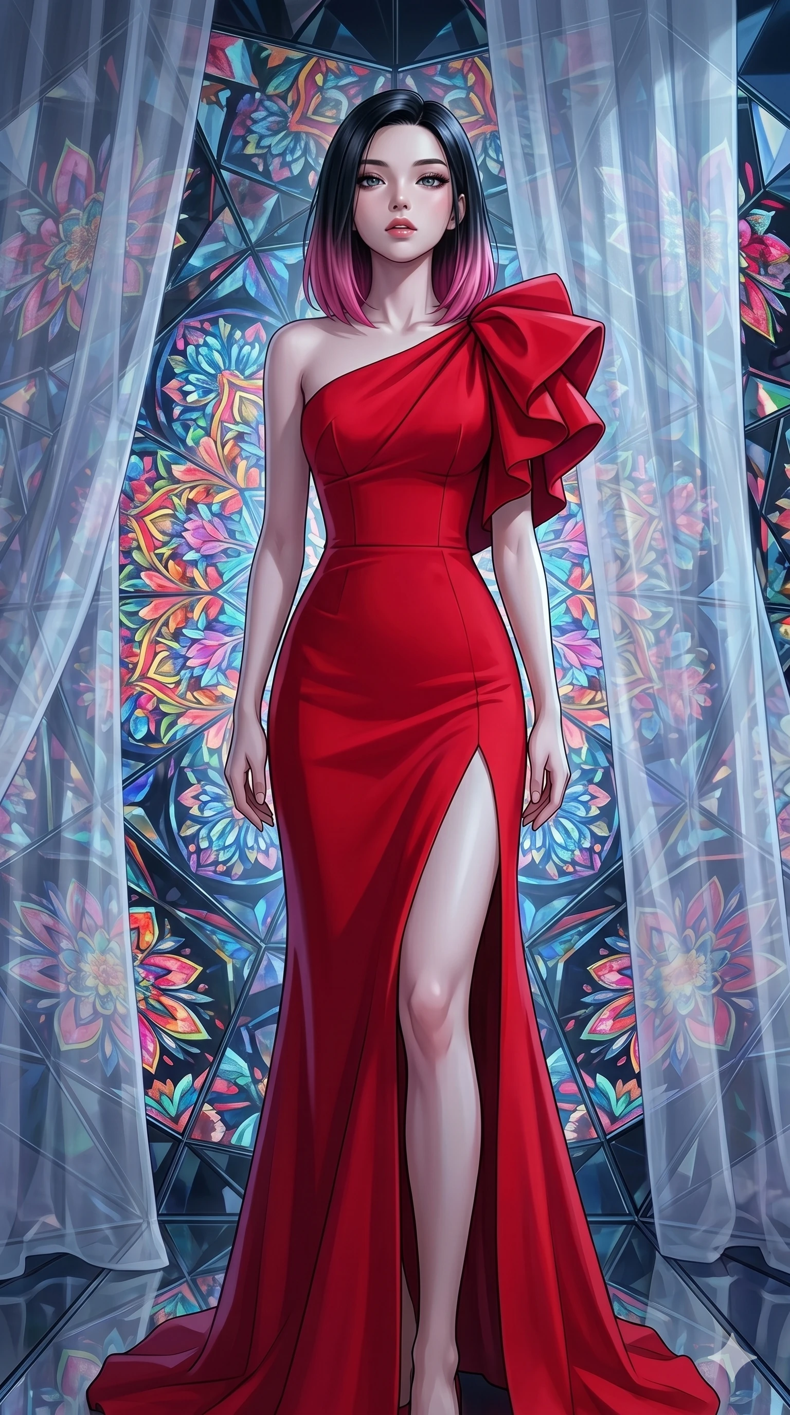 score_9, masterpiece, best quality, ultra-detailed, high-budget anime keyframe, editorial fashion photography, tasteful artistic composition, Korean woman. cowboy shot from the thighs up, character and outfit filling the frame for maximum editorial presence. Tilting her chin up slightly with lips parted in a composed expression within a rotating kaleidoscope chamber where mirrored petals form endlessly shifting mandalas. She has an absolutely perfect 8-heads proportion, an exceptionally tall and slender female figure with impossibly long slender legs and an ultra-slim waist. V-shaped jawline, high-bridge nose, intricate jewel-like eyes with depth, thick eyelashes, glossy lips with a natural sheen. wearing a scarlet red crepe floor-length one-shoulder gown with a structured fitted bodice, a bold side slit ascending to mid-thigh, and dramatic architectural volume at the shoulder. bathed in cold silver moonlight filtered through translucent gossamer curtains casting soft shadows on her curves. 2k, ultra detail, master piece, 9:16 ratio