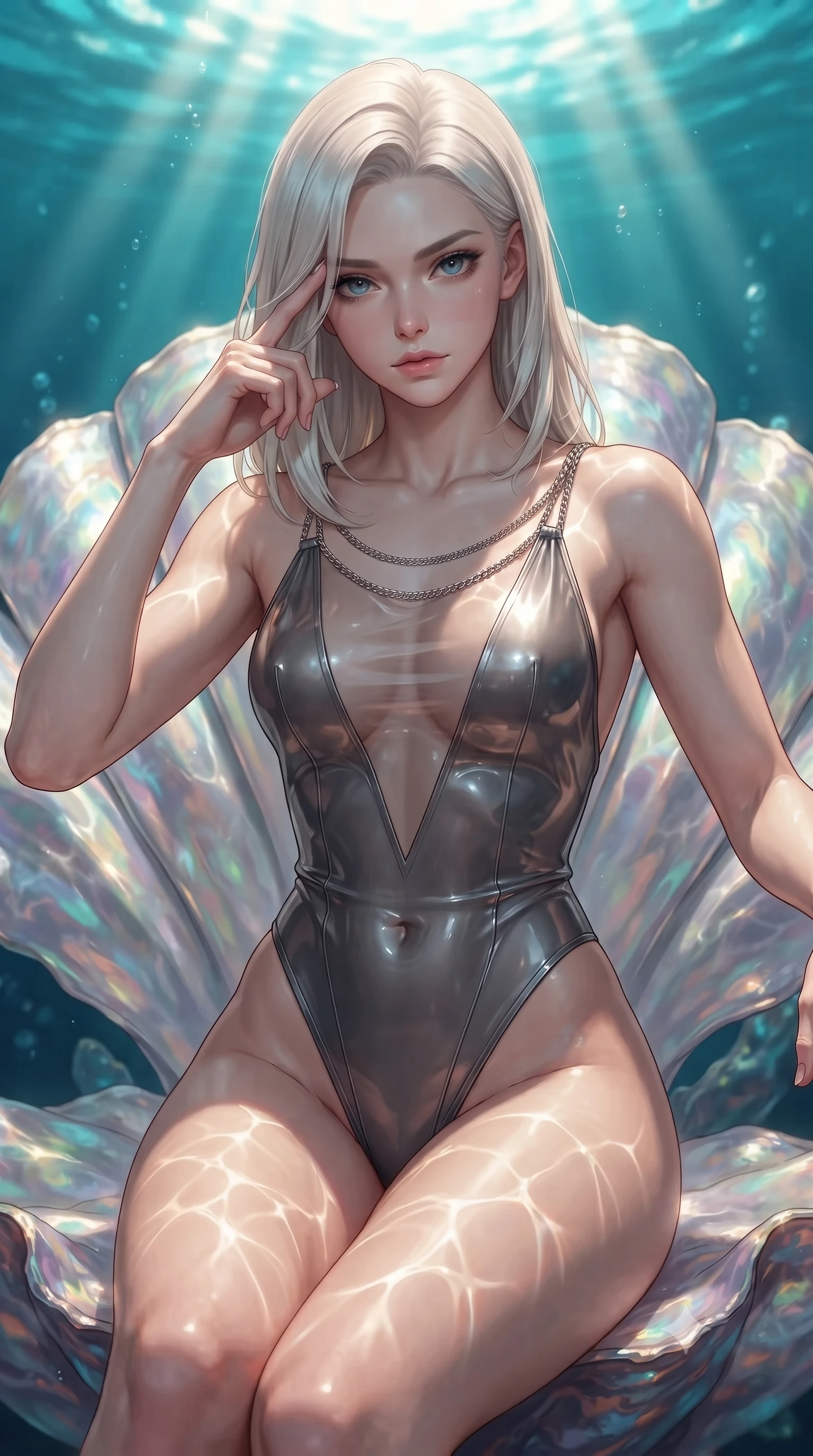 score_9, masterpiece, best quality, ultra-detailed, high-budget anime keyframe, editorial fashion photography, tasteful artistic composition, Caucasian woman. close-up cowboy shot from the waist and thighs up, the character dominates the composition, filling the frame with her large presence, background elements kept in soft focus. Pressing two fingers to her temple in a composed thoughtful gesture with an air of magnetic charisma poised on an abyssal prism shell throne bathed in sunlit ocean rays, golden sunbeams penetrating deep turquoise water creating caustic light patterns. She has an exceptionally elegant, slender, and willowy female figure with an ultra-slim waist, a gracefully sculpted slender torso, and a refined silhouette. sharp v-shaped jawline, high-bridge nose, intricate jewel-like eyes with depth, thick eyelashes, glossy lips with a natural sheen. wearing a high-cut translucent vinyl leotard with front paneling and open back in charcoal grey and platinum, crafted from lustrous satin jersey with fluid draping, adorned with delicate metallic chain straps along the neckline, the tailored fabric tightly following every curve of her athletic build. lit by clear sun-drenched sea light with soft ethereal shadows. ultra-reflective glossy finish, specular highlights, metallic sheen, high-contrast stereoscopic depth, volumetric dynamic lighting, 2k, ultra detail, master piece, 9:16 ratio