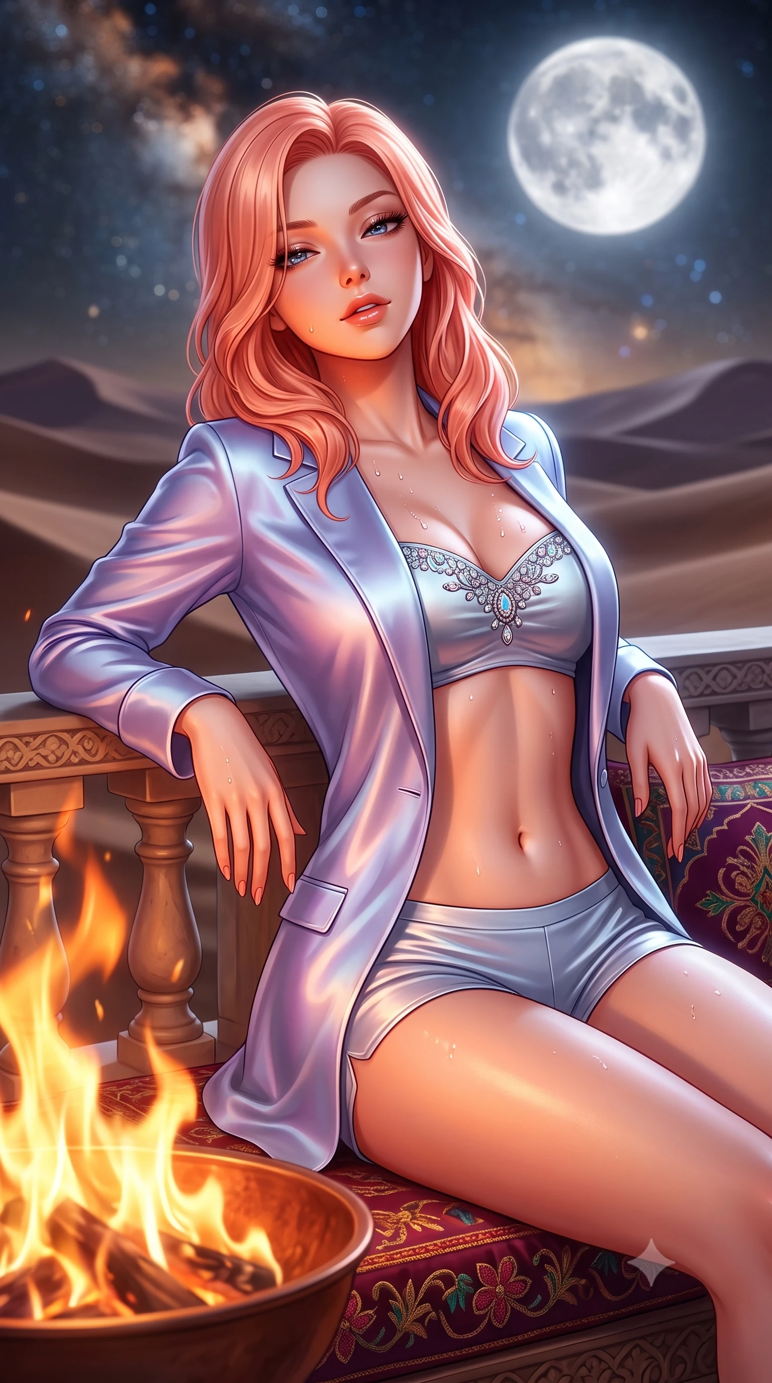 score_9, masterpiece, best quality, ultra-detailed, high-budget anime keyframe, semi-realistic 3D game render, editorial fashion photography, tasteful artistic composition, Japanese woman. close-up cowboy shot from the waist and thighs up, the character dominates the composition, filling the frame with her large presence. leaning back against the balustrade with relaxed seductive grace, head tilted back slightly while casting a hypnotic, heavy-lidded gaze while lounging gracefully across the low embroidered velvet majlis seating, arching her lower back to emphasize her curvy hips beside the roaring copper fire bowl. The background shows a soft-focus dancing natural flames from the copper fire pit, vast undulating sand dunes under a giant silver full moon, and Milky Way core blurred into amber, sapphire, and silver bokeh. She has an exceptionally elegant, slender, and willowy female figure with an ultra-slim waist, flat toned midriff, narrow ribcage, and sculpted feminine hips creating an alluring, slim hourglass silhouette without bulk. sharp v-shaped jawline, high-bridge nose, sparkling eyes with hypnotic seductive depth, thick curled eyelashes, glossy parted lips with a natural dewy peach sheen, alluring bedroom-eyes with an enchanting coquettish smile, exuding magnetic siren charisma and sophisticated glamour, flawlessly proportioned anatomical accuracy, strict slender model proportions, natural body alignment, perfectly sculpted long slender limbs, ultra-slim waistline, clean dynamic posture without body distortion. wearing a tailored open-front satin smoking jacket worn over a jewel-embellished bandeau and micro-shorts in icy aurora-violet and glacial liquid silver, crafted from fluid liquid silk satin that clings smoothly to every curve with a dewy sheen, finished with glistening drops of hot spring water beading across her sculpted shoulders and collarbones, the form-contouring silhouette accentuating her sculpted flat midriff, narrow delicate ribcage, and gracefully curvy hips with intoxicating allure. bathed in the intense warm amber and crimson flicker of open campfire flames mixed with pure silver moonlight. highly saturated vibrant anime colors, detailed shading with soft gradients, rich glossy textures, high-contrast stereoscopic depth, volumetric dynamic lighting, master piece, 9:16 ratio