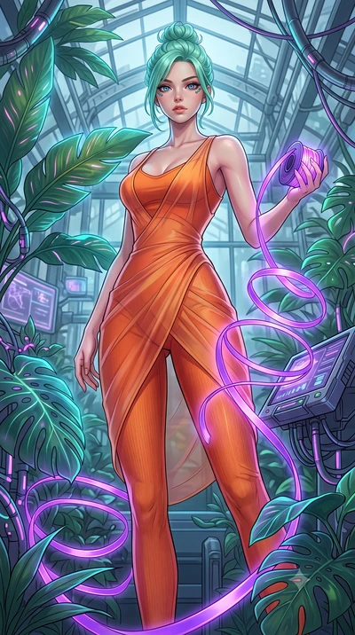 score_9, masterpiece, best quality, ultra-detailed, High-budget Anime Keyframe, East Asian woman. Low angle cowboy shot filling the entire 9:16 frame with her statuesque presence. Scenario 538: unravelling a spool of glowing violet ribbon in a cybern