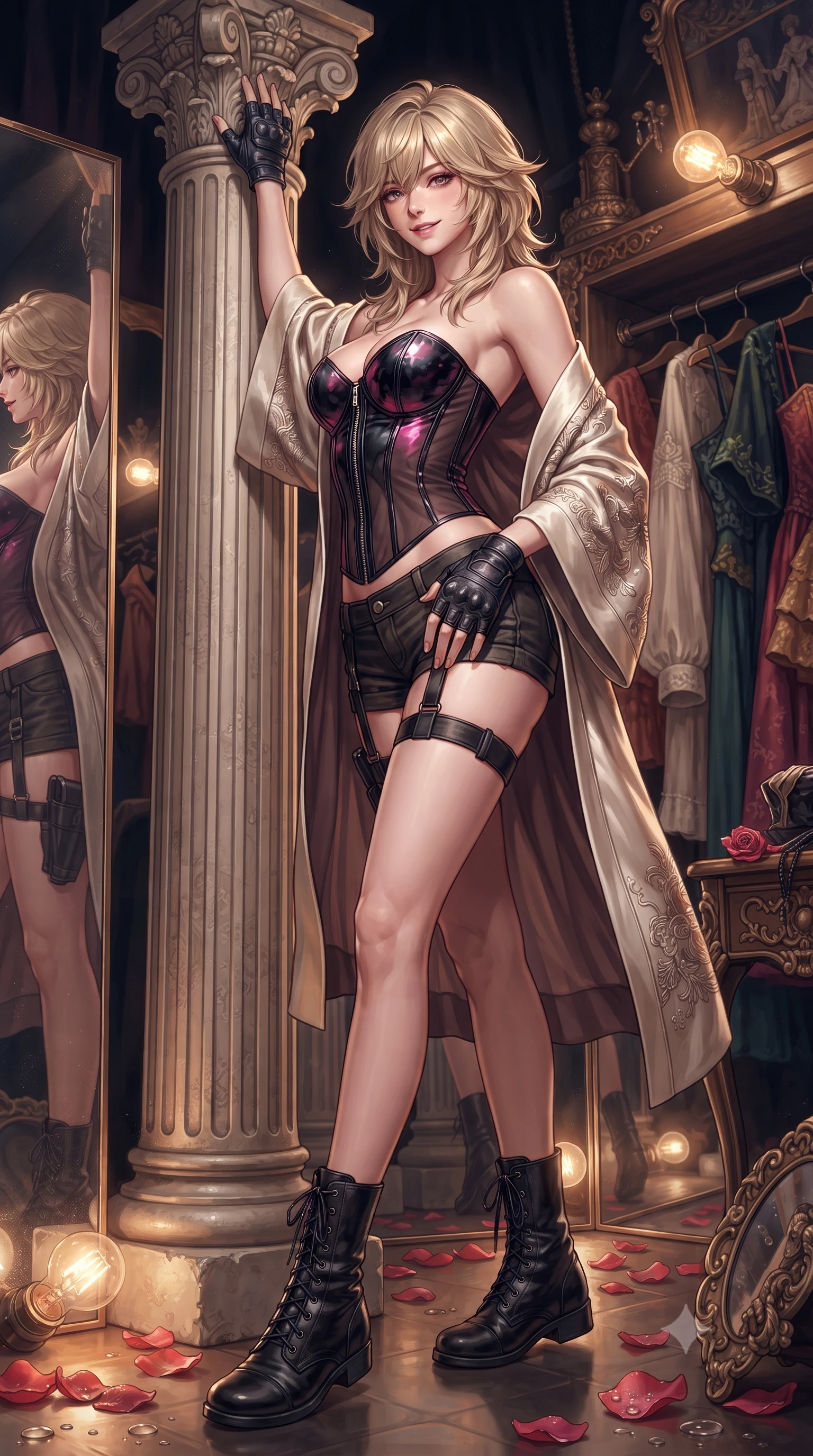 score_9, masterpiece, best quality, ultra-detailed, high-budget anime keyframe, editorial fashion photography, tasteful artistic composition, Japanese woman. low angle full-body shot from head to toe showing her feet, filling the entire 9:16 vertical frame with her statuesque presence, stretching her vertical silhouette. standing tall beside the architectural column, one hand resting high while arching her lower back to emphasize her sculpted feminine hips and slender waist while standing poised between hanging stage costumes with hips cocked back, a silk robe slipping off bare shoulders with teasing allure. The surrounding environment is rendered in vivid detail and crisp panoramic clarity: sharp glass mirror reflection clarity, incandescent bulb filament glow, and fresh rose petal water droplets in deep focus. She has an absolutely perfect, statuesque 8.5-heads proportion, an exceptionally tall and slender model-like female figure with impossibly long slender legs, an ultra-slim waist, a flat toned midriff, narrow delicate ribcage, and beautifully sculpted feminine hips creating a graceful, slim hourglass silhouette without any bulky heaviness. sharp v-shaped jawline, high-bridge nose, sparkling eyes with hypnotic seductive depth, thick curled eyelashes, glossy parted lips with a natural dewy peach sheen, alluring bedroom-eyes with an enchanting coquettish smile, exuding magnetic siren charisma and sophisticated glamour, flawlessly proportioned anatomical accuracy, strict slender model proportions, natural body alignment, perfectly sculpted long slender limbs, ultra-slim waistline, clean dynamic posture without body distortion. wearing a structured boned tactical leatherette corset bodice paired with low-rise cargo hot-pants and thigh holster straps in wet-look onyx black with electric magenta reflections, made of sheer gossamer chiffon that drapes softly against skin with airy translucence, finished with fingerless matte leather tactical driving gloves with reinforced knuckles, the form-contouring silhouette accentuating her sculpted flat midriff, narrow delicate ribcage, and gracefully curvy hips with intoxicating allure. bathed in flattering 2700K vanity perimeter bulb lighting casting soft dimensional facial highlights. ultra-reflective glossy finish, specular highlights, rich textural contrasts, high-contrast stereoscopic depth, volumetric dynamic lighting, 2k, ultra detail, master piece, 9:16 ratio