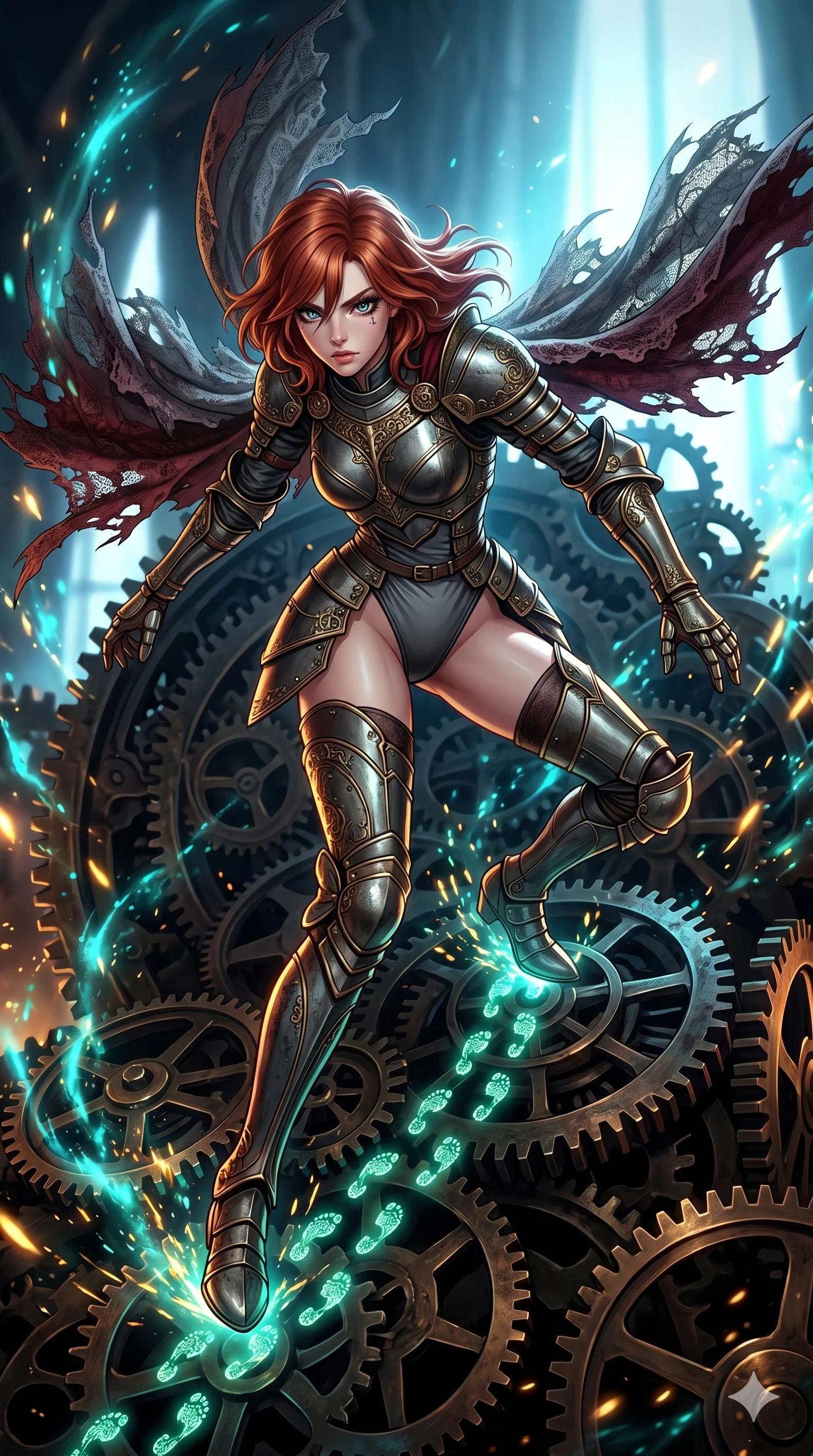 score_9, masterpiece, best quality, ultra-detailed, Set A: High-budget Anime Keyframe, Japanese woman. Upper body close-up from the thighs up, character filling the screen for maximum presence. Sliding through a throne of gears, as she leaves a trail of 298 glowing footprints and surrounded by glowing energy sparks. She has an absolutely perfect 8-heads proportion, an exceptionally tall and slender female figure with impossibly long slender legs and an ultra-slim waist. Sharp v-shaped jawline, high-bridge nose, intricate jewel-like eyes with depth, thick eyelashes, glossy lips with a natural sheen. Wearing Warrior-style plate armor over a high-cut silk leotard with tattered lace capes. Cinematic lighting, vibrant colors, dramatic shadows, 2k, ultra detail, master piece, 9:16 ratio