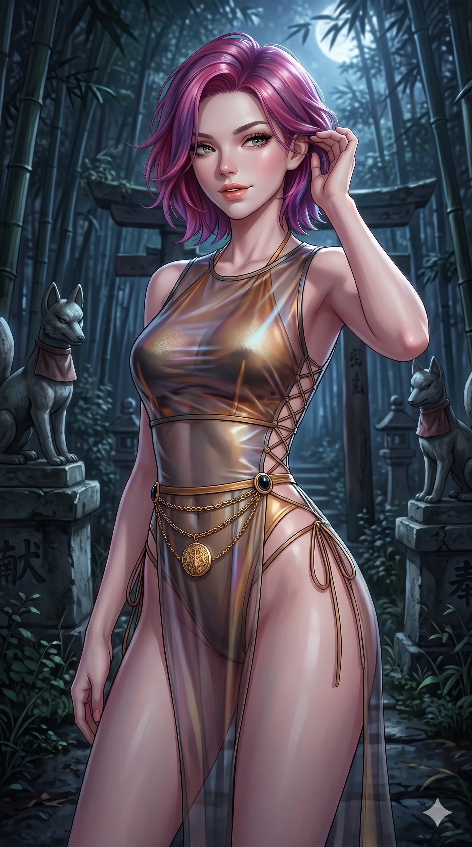 score_9, masterpiece, best quality, ultra-detailed, high-budget anime keyframe, semi-realistic 3D game render, editorial fashion photography, tasteful artistic composition, Caucasian woman. close-up cowboy shot from the waist and thighs up, the character dominates the composition, filling the frame with her large presence. gently brushing a lock of silk hair behind her ear while casting a playful, flirtatious side-gaze with long eyelashes while standing poised between weathered stone kitsune statues along the dark bamboo path, arching her back with breathless siren allure. The surrounding environment is rendered in vivid detail and crisp panoramic clarity: detailed liquid-tight silk halter leotard tailoring, sheer nobang overskirt, and traditional shrine stonework in razor-sharp precision. She has an exceptionally elegant, slender, and willowy female figure with an ultra-slim waist, flat toned midriff, narrow ribcage, and sculpted feminine hips creating an alluring, slim hourglass silhouette without bulk. sharp v-shaped jawline, high-bridge nose, sparkling eyes with hypnotic seductive depth, thick curled eyelashes, glossy parted lips with a natural dewy peach sheen, alluring bedroom-eyes with an enchanting coquettish smile, exuding magnetic siren charisma and sophisticated glamour, flawlessly proportioned anatomical accuracy, strict slender model proportions, natural body alignment, perfectly sculpted long slender limbs, ultra-slim waistline, clean dynamic posture without body distortion. wearing a translucent iridescent mesh crop top paired with high-cut string bikini bottoms and gold norigae waist chains in smoked agarwood charcoal and warm honey amber, featuring fine criss-cross lace-up side ties revealing tantalizing glimpses of her hip curve, accented with an authentic engraved gold medallion and obsidian cabochons, the liquid-tight tailored fabric clinging flawlessly to her narrow waist and rounded feminine hips, emphasizing every millimeter of her sculpted slim hourglass curves without any bulky heaviness. bathed in crisp silver moonlight filtering down through dense bamboo canopies creating intricate linear shadows. highly saturated vibrant anime colors, detailed shading with soft gradients, rich glossy textures, high-contrast stereoscopic depth, volumetric dynamic lighting, master piece, 9:16 ratio