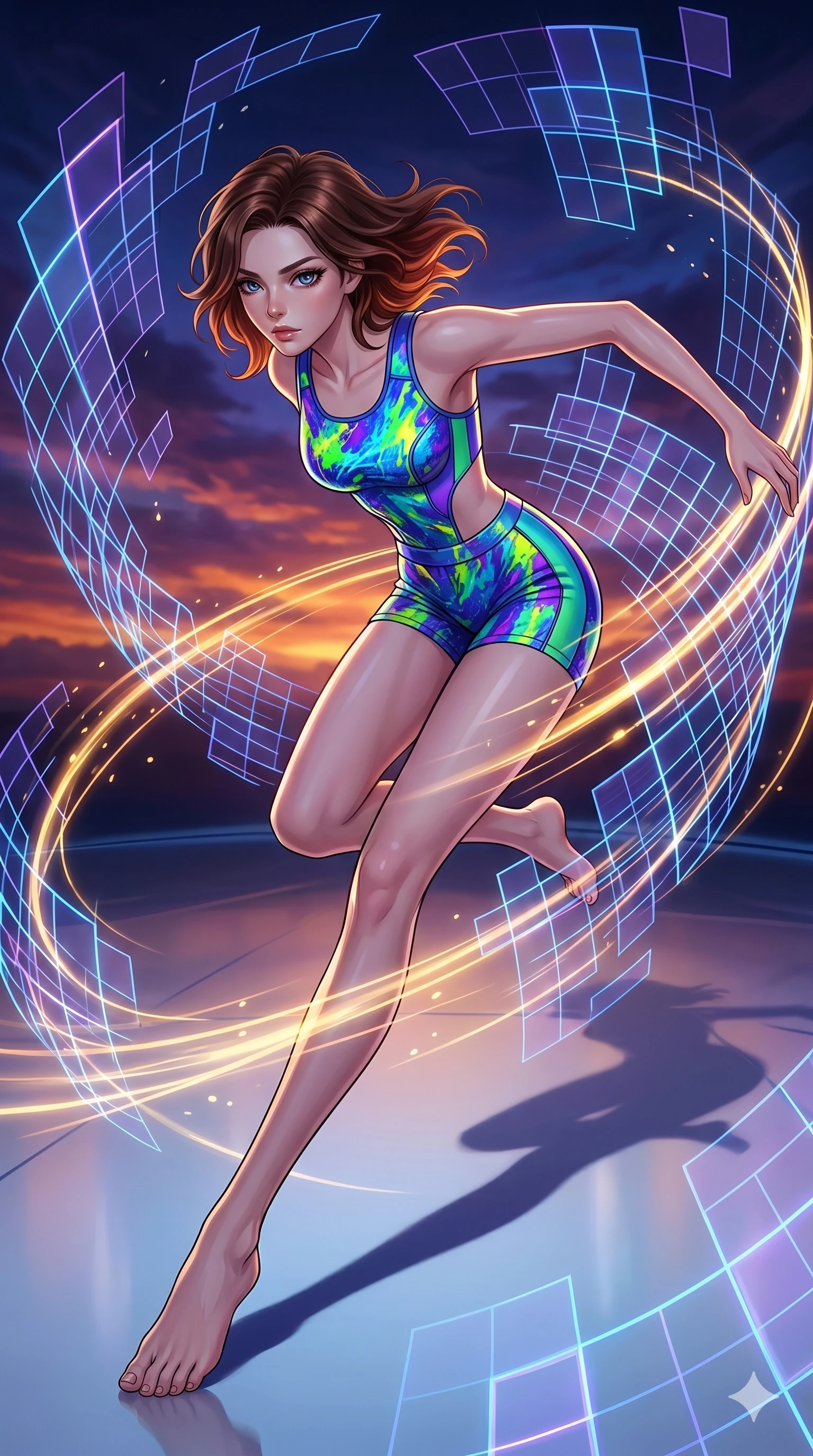 score_9, masterpiece, best quality, ultra-detailed, high-budget anime keyframe, editorial fashion photography, tasteful artistic composition, Korean woman. low angle full-body shot from head to toe showing her feet, filling the entire 9:16 vertical frame with her statuesque presence, stretching her vertical silhouette. diving deep into amidst a swirling vortex of glowing virtual reality grid fragments as trails of golden light follow her dynamic movement. She has an absolutely perfect 8-heads proportion, an exceptionally tall and slender female figure with impossibly long slender legs and an ultra-slim waist. V-shaped jawline, high-bridge nose, intricate jewel-like eyes with depth, thick eyelashes, glossy lips with a natural sheen.. wearing a liquid acrylic splash bodysuit, featuring a vivid fluorescent acrylic-paint-splattered structured athletic top with matching high-waist shorts and opaque side detailing. under a magical twilight glow casting long dramatic shadows across the clean floor. 2k, ultra detail, master piece, 9:16 ratio
