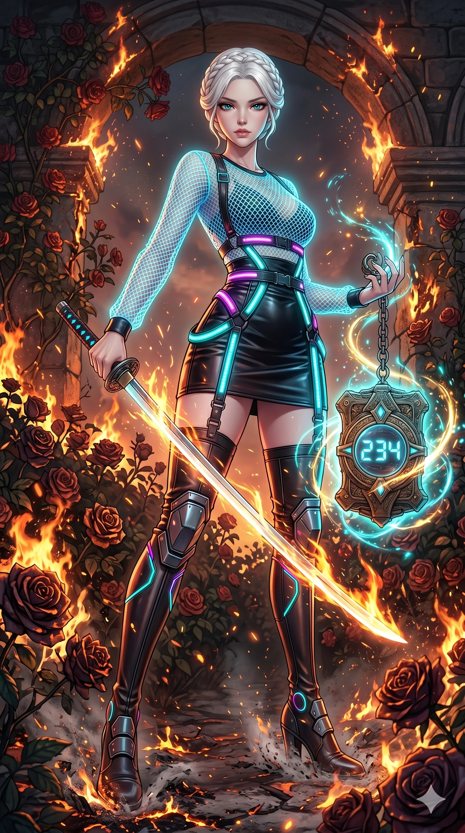 score_9, masterpiece, best quality, ultra-detailed, Set A: High-budget Anime Keyframe, Japanese woman. Low angle cowboy shot filling the entire 9:16 frame with her statuesque presence. Drawing a blade through a burning rose garden, holding a relic that pulses with the frequency 234 and surrounded by glowing energy sparks. She has an absolutely perfect 8-heads proportion, an exceptionally tall and slender female figure with impossibly long slender legs and an ultra-slim waist. Sharp v-shaped jawline, high-bridge nose, intricate jewel-like eyes with depth, thick eyelashes, glossy lips with a natural sheen. Wearing Fluorescent mesh top with a leather mini-skirt and neon-lit harness details. Cinematic lighting, vibrant colors, dramatic shadows, 2k, ultra detail, master piece, 9:16 ratio