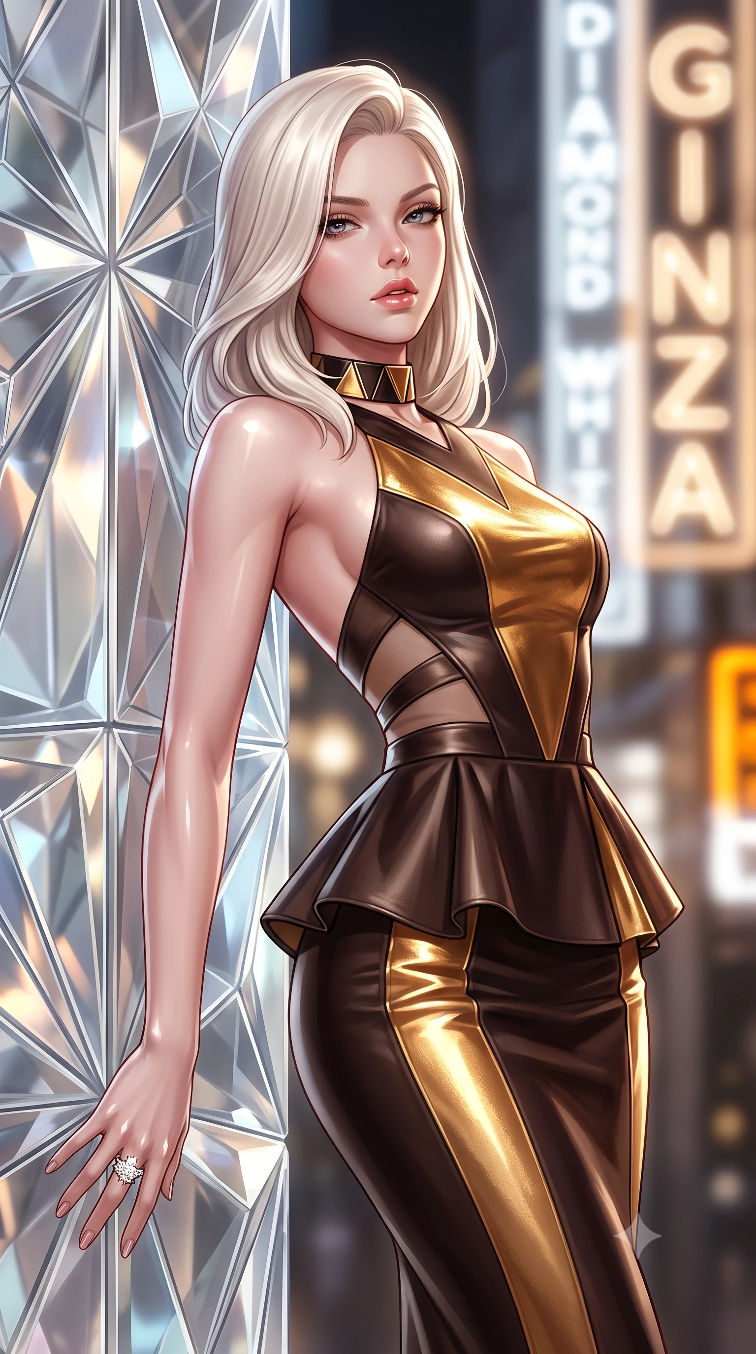 score_9, masterpiece, best quality, ultra-detailed, high-budget anime keyframe, semi-realistic 3D game render, editorial fashion photography, tasteful artistic composition, Caucasian woman. close-up cowboy shot from the waist and thighs up, the character dominates the composition, filling the frame with her large presence. leaning back with relaxed seductive grace, her sculpted collarbones and narrow waist highlighted as she casts smoldering bedroom-eyes directly into the camera while leaning against a multi-faceted crystalline glass pillar inspired by origami folds, arching her lower back with high-fashion sovereign poise. The composition keeps background elements in soft focus with creamy bokeh. intricate geometric origami glass facets and glittering Ginza boulevard neon signs blurred into champagne, diamond-white, and electric amber bokeh. She has an exceptionally elegant, slender, and willowy female figure with an ultra-slim waist, flat toned midriff, narrow ribcage, and sculpted feminine hips creating an alluring, slim hourglass silhouette without bulk. sharp v-shaped jawline, high-bridge nose, intricate jewel-like eyes with depth, thick eyelashes, glossy parted lips with a natural sheen, intensely captivating and seductive bedroom-eyes expression, flawlessly proportioned anatomical accuracy, strict slender model proportions, natural body alignment, perfectly sculpted long slender limbs, ultra-slim waistline, clean dynamic posture without body distortion. wearing a structural geometric peplum gown with sheer side-ribbon cutouts and form-fitting skirt in dark espresso brown and molten gold foil, formed from supple second-skin lambskin leather with specular sheen, complemented by a bold geometric choker and sparkling cocktail ring, the dramatically scooped open back descending to the base of her spine, accentuating her razor-sharp statuesque lines and slim hourglass silhouette. illuminated by crisp crystal facet specular glints sharply defining her sculpted collarbones, ultra-slim waist, and curvy hips. highly saturated vibrant anime colors, detailed shading with soft gradients, rich glossy textures, high-contrast stereoscopic depth, volumetric dynamic lighting, master piece, 9:16 ratio