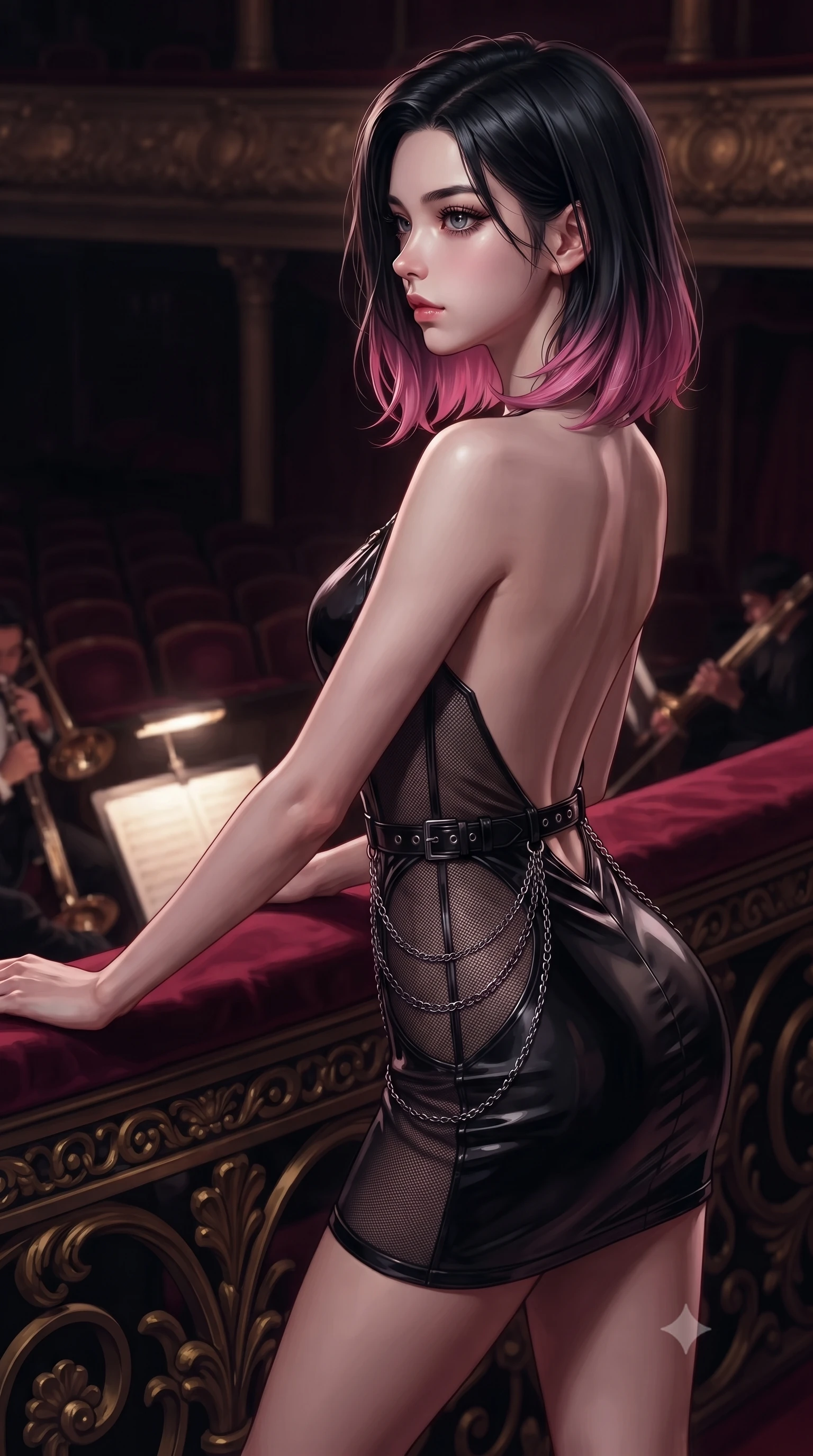score_9, masterpiece, best quality, ultra-detailed, high-budget anime keyframe, editorial fashion photography, tasteful artistic composition, Korean woman. close-up cowboy shot from the waist and thighs up, the character dominates the composition, filling the frame with her large presence, background elements kept in soft focus. Turning her face in sharp dramatic profile against the moody key light, resting against a dark gilded railing overlooking a shadowy orchestral pit, elegant nocturnal elegance in her composed posture and expression. She has an exceptionally elegant, slender, and willowy female figure with an ultra-slim waist, a gracefully sculpted slender torso, and a refined silhouette. sharp v-shaped jawline, high-bridge nose, intricate jewel-like eyes with depth, thick eyelashes, glossy lips with a natural sheen. wearing backless liquid vinyl mini slip dress with bare shoulder neckline in smoky pitch black, made of fine dark contouring mesh, framed by dark titanium buckles and silver chain details, accentuating her gracefully sculpted slender torso. bathed in rich dark crimson velvet tones and high-contrast pitch-black shadows. highly saturated vibrant anime colors, detailed shading with soft gradients, rich glossy textures, high-contrast stereoscopic depth, volumetric dynamic lighting, master piece, 9:16 ratio