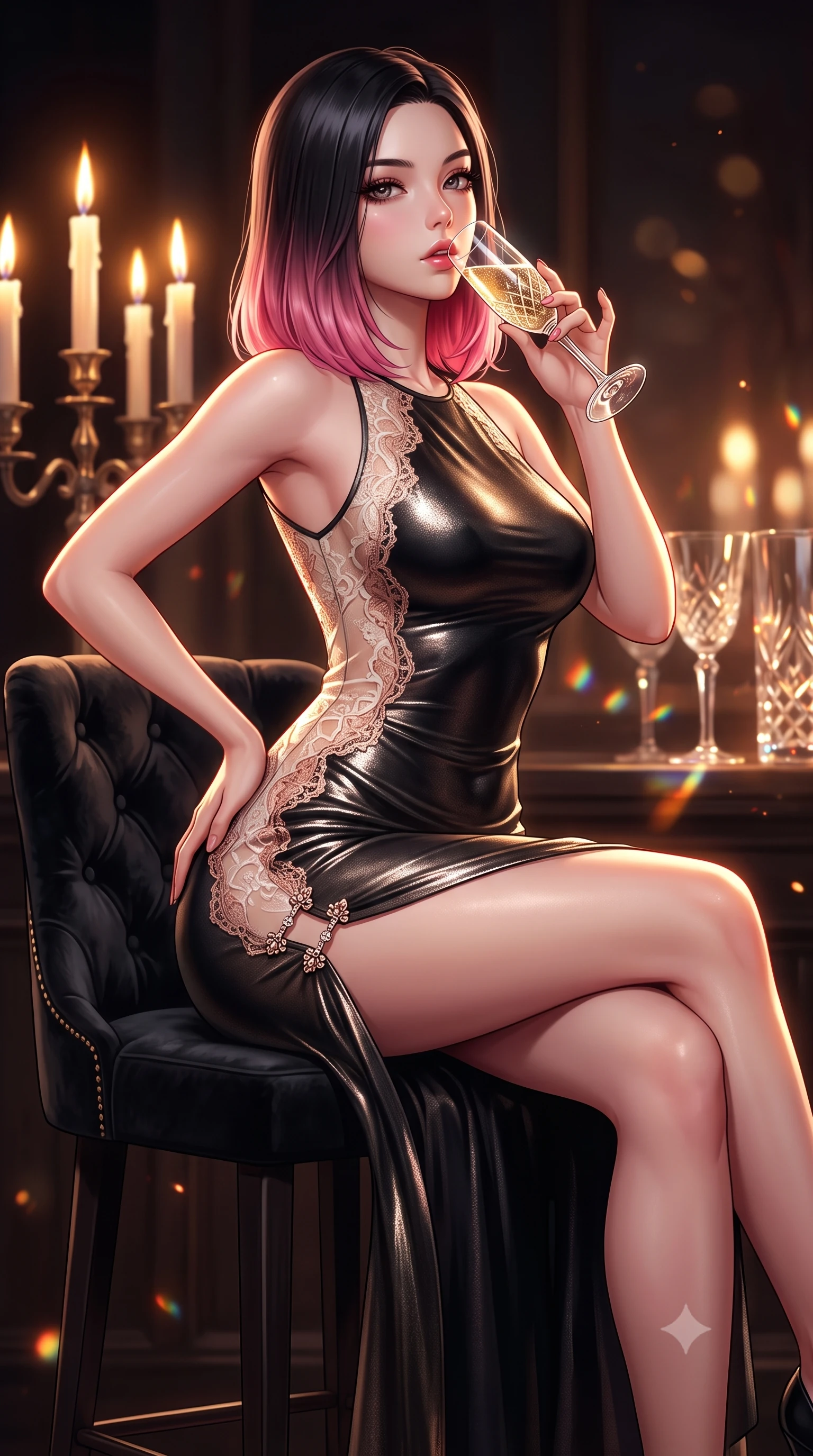 score_9, masterpiece, best quality, ultra-detailed, high-budget anime keyframe, semi-realistic 3D game render, editorial fashion photography, tasteful artistic composition, Korean woman. close-up cowboy shot from the waist and thighs up, the character dominates the composition, filling the frame with her large presence. arching her spine backward with effortless dancer poise, one hand sliding along her hip line as directional light carves specular highlights along her silhouette while sitting high on a tufted black velvet barstool with legs crossed, arching her lower back while holding a crystal champagne flute to her lips. The composition keeps background elements in soft focus with creamy bokeh. flickering candelabra flames and cut crystal glass refractions scattering warm decadent light motes. She has an exceptionally elegant, slender, and willowy female figure with an ultra-slim waist, a gracefully sculpted slender torso, toned flat midriff, and rounded feminine hips creating an alluring hourglass silhouette. sharp v-shaped jawline, high-bridge nose, intricate jewel-like eyes with depth, thick eyelashes, glossy parted lips with a natural sheen, intensely captivating and seductive bedroom-eyes expression, flawlessly proportioned anatomical accuracy, strict slender model proportions, natural body alignment, perfectly sculpted long slender limbs, ultra-slim waistline, clean dynamic posture without body distortion. wearing a second-skin black silk jersey flapper gown with sheer lace side panels tracing her curves in pristine ivory cream and antique rose gold, crafted from luxurious metallic lamé that shifts radiance with every step, finished with an ultra-high side slit secured by miniature jeweled clasps, the liquid-tight tailored fabric clinging flawlessly to her narrow waist and rounded feminine hips, emphasizing every millimeter of her sculpted hourglass curves during movement. illuminated by rich directional firelight sculpting every feminine curve of her slender silhouette. highly saturated vibrant anime colors, detailed shading with soft gradients, rich glossy textures, high-contrast stereoscopic depth, volumetric dynamic lighting, master piece, 9:16 ratio