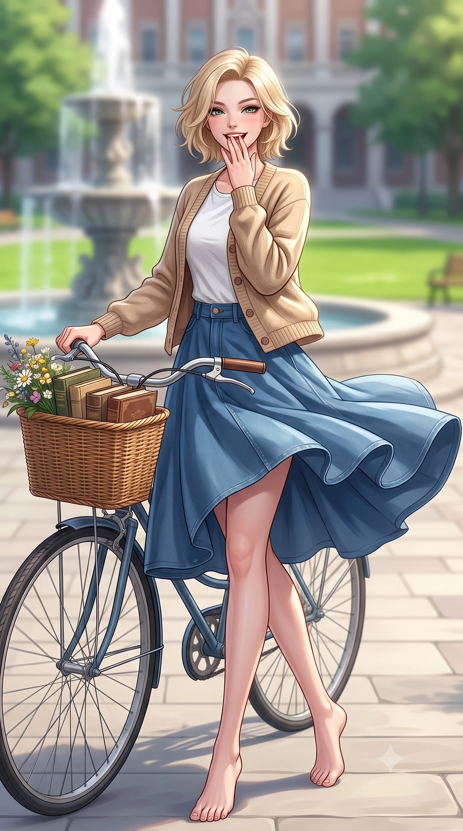 score_9, masterpiece, best quality, ultra-detailed, high-budget anime keyframe, editorial fashion photography, tasteful artistic composition, Caucasian woman. low angle full-body shot from head to toe showing her feet, filling the entire 9:16 vertical frame with her statuesque presence, stretching her vertical silhouette. twirling around with a playful, cute laugh, her skirt billowing beautifully in the air set against a soft-focus background of in a lively university plaza near a decorative stone fountain and green lawns resting her hand on a bicycle handle with a basket full of books. She has an absolutely perfect, statuesque 8.5-heads proportion, an exceptionally tall and slender model-like female figure with impossibly long slender legs and an ultra-slim waist. sharp v-shaped jawline, high-bridge nose, intricate jewel-like eyes with depth, thick eyelashes, glossy lips with a natural sheen. wearing tailored cozy knit cardigan in beige, layered over a casual white tee and tailored blue denim pants. soft diffused daylight creating a clean, high-key glow in the space. highly saturated vibrant anime colors, detailed shading with soft gradients, rich glossy textures, high-contrast stereoscopic depth, volumetric dynamic lighting, master piece, 9:16 ratio