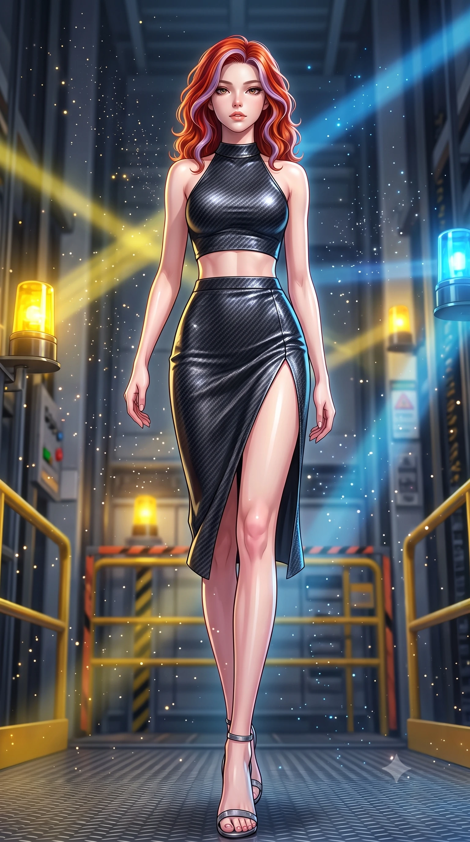 score_9, masterpiece, best quality, ultra-detailed, high-budget anime keyframe, editorial fashion photography, tasteful artistic composition, Caucasian woman. low angle full-body shot from head to toe showing her feet, filling the entire 9:16 vertical frame with her statuesque presence, stretching her vertical silhouette. stepping gracefully through floating stardust particles, her body-contouring suit showing her athletic, slender silhouette, the background shows a soft-focus a studio cargo elevator platform with yellow beacons and safety racks. She has an absolutely perfect, statuesque 8.5-heads proportion, an exceptionally tall and slender model-like female figure with impossibly long slender legs and an ultra-slim waist. sharp v-shaped jawline, high-bridge nose, intricate jewel-like eyes with depth, thick eyelashes, glossy lips with a natural sheen. wearing a slim-fit carbon-fiber halter-neck crop top paired with a matching high-slit midi skirt, revealing her slim waist. dynamic moving light beams from passing elevator shaft signal lamps. highly saturated vibrant anime colors, detailed shading with soft gradients, rich glossy textures, high-contrast stereoscopic depth, volumetric dynamic lighting, master piece, 9:16 ratio